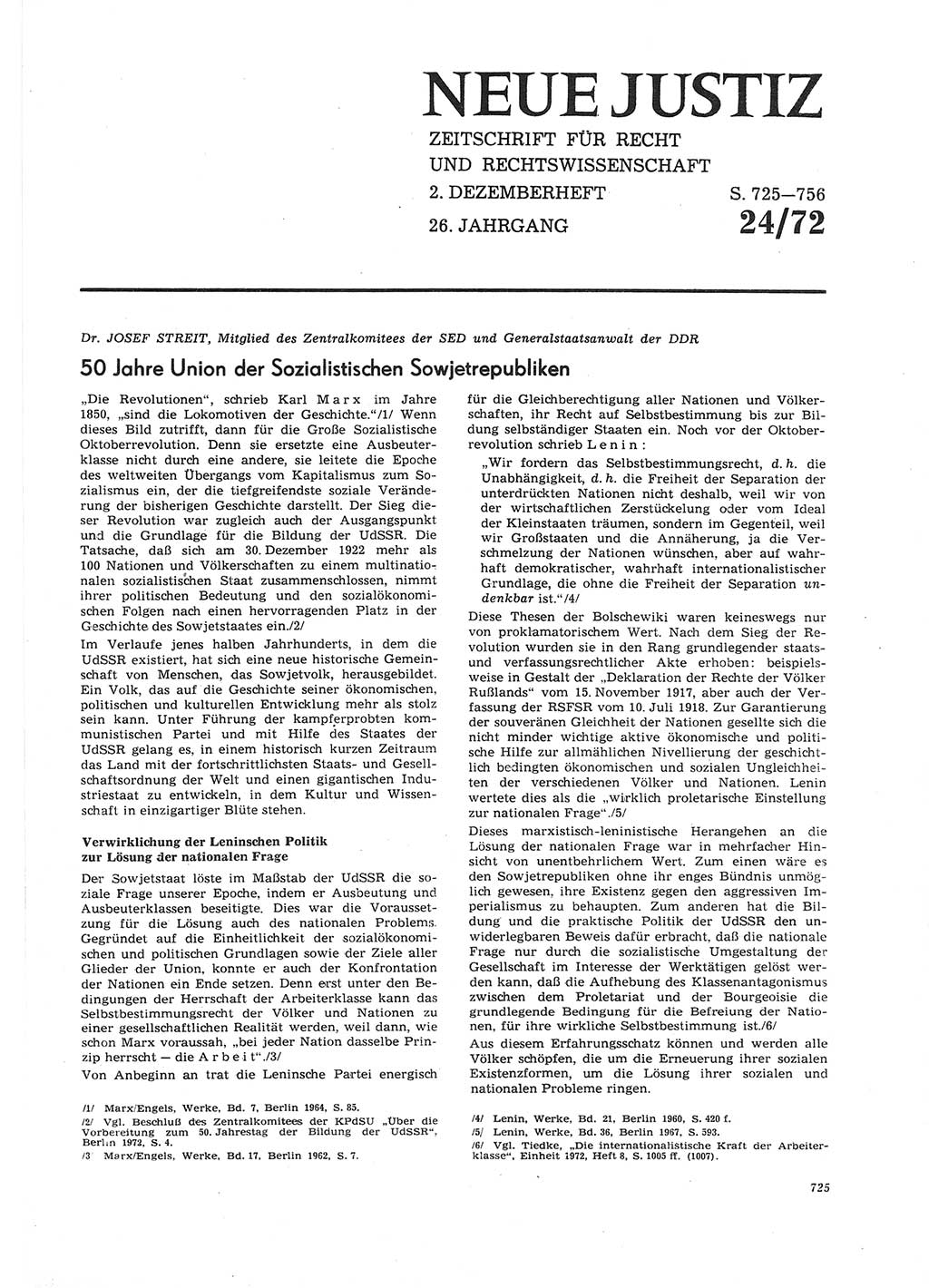 Neue Justiz (NJ), Zeitschrift für Recht und Rechtswissenschaft [Deutsche Demokratische Republik (DDR)], 26. Jahrgang 1972, Seite 725 (NJ DDR 1972, S. 725)