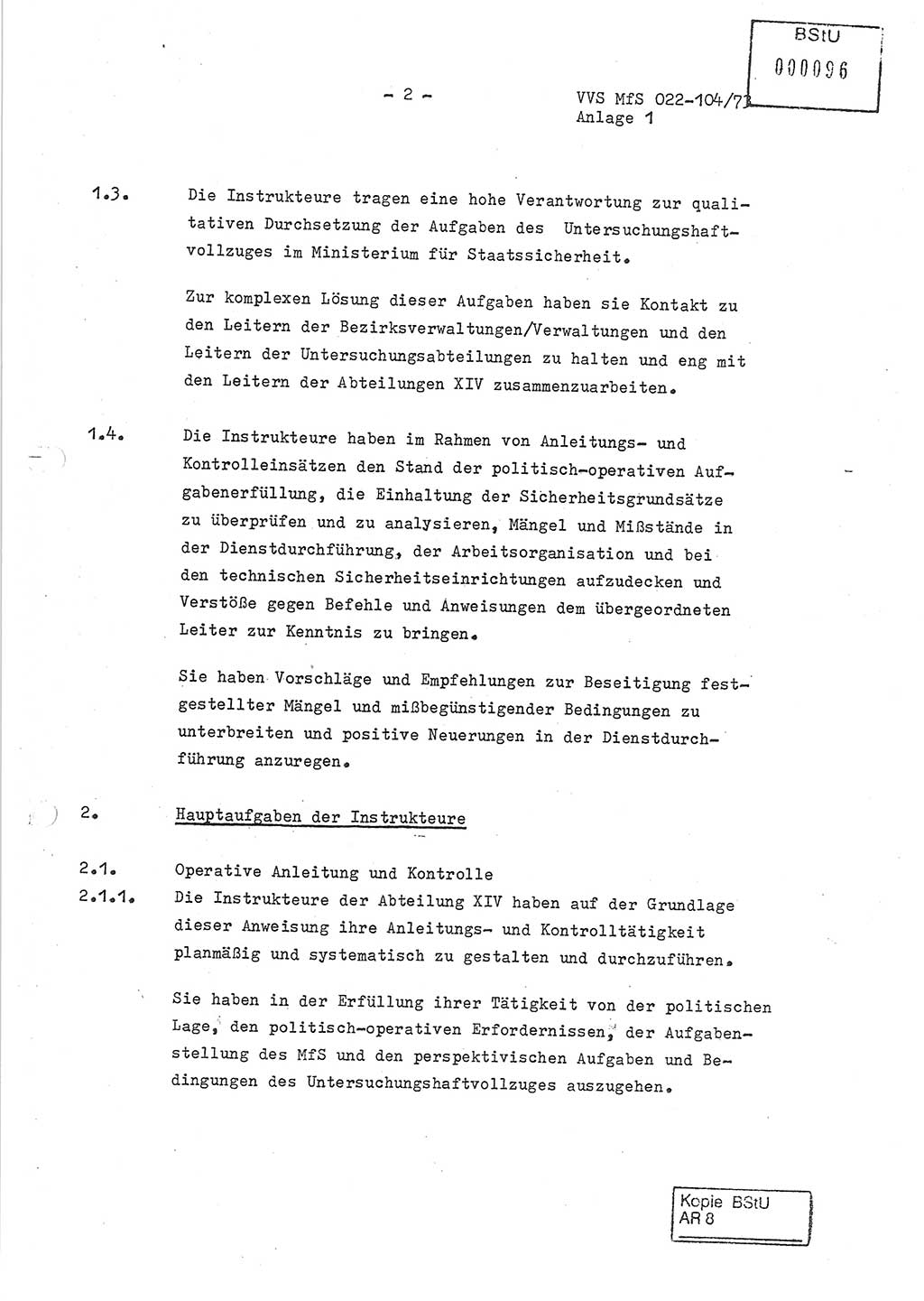 Dienstanweisung zur politisch-operativen Dienstdurchführung der Abteilung XIV des Ministeriums für Staatssicherheit (MfS) [Deutsche Demokratische Republik] und den Abteilungen ⅩⅣ der Bezirksverwaltungen (BV) für Staatssicherheit (BVfS) (DA - politisch-operative Dienstdurchführung der Abteilungen XIV), Ministerrat der Deutschen Demokratischen Republik, Ministerium für Staatssicherheit, Der Minister, Vertrauliche Verschlußsache (VVS) 022-104/73, Berlin, 12.2.1973, Anlage 1, Blatt 2 (DA pol.-op. Di.-Durchf. Abt. ⅩⅣ MfS DDR VVS 022-104/73 1973, Anl. 1, Bl. 2)