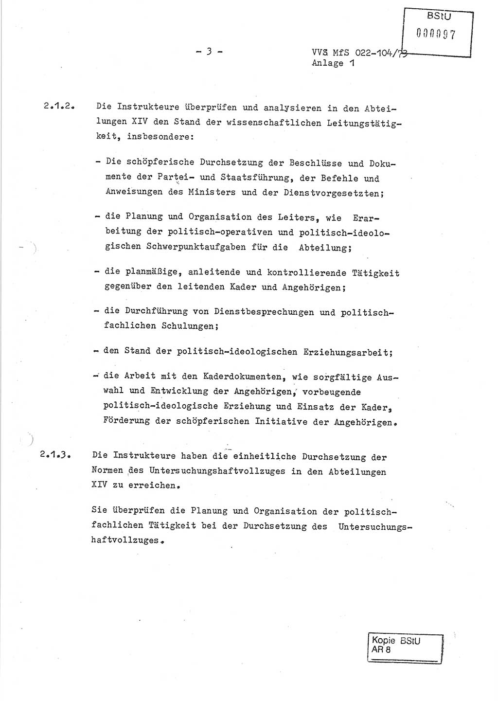 Dienstanweisung zur politisch-operativen Dienstdurchführung der Abteilung XIV des Ministeriums für Staatssicherheit (MfS) [Deutsche Demokratische Republik] und den Abteilungen ⅩⅣ der Bezirksverwaltungen (BV) für Staatssicherheit (BVfS) (DA - politisch-operative Dienstdurchführung der Abteilungen XIV), Ministerrat der Deutschen Demokratischen Republik, Ministerium für Staatssicherheit, Der Minister, Vertrauliche Verschlußsache (VVS) 022-104/73, Berlin, 12.2.1973, Anlage 1, Blatt 3 (DA pol.-op. Di.-Durchf. Abt. ⅩⅣ MfS DDR VVS 022-104/73 1973, Anl. 1, Bl. 3)