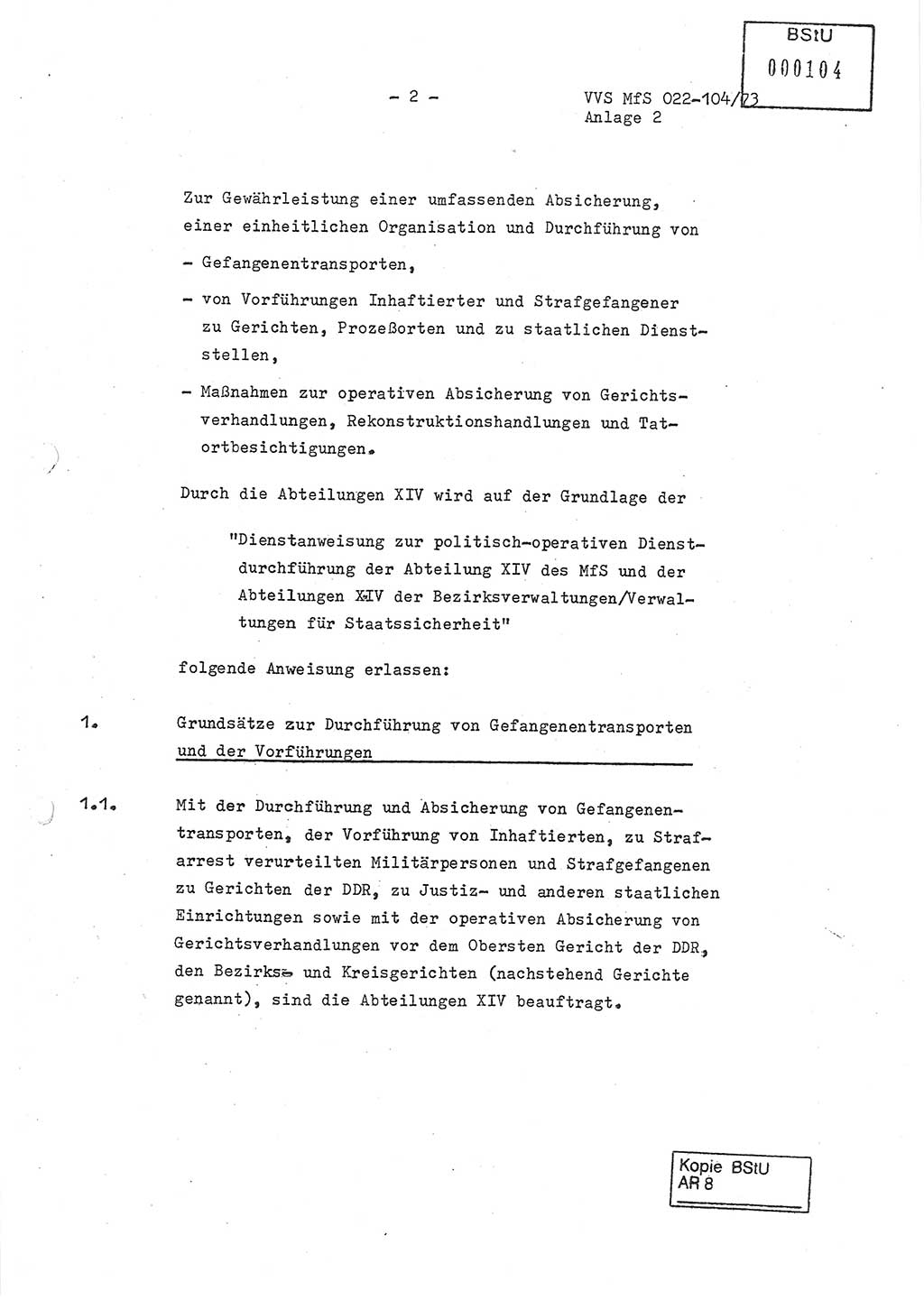 Dienstanweisung zur politisch-operativen Dienstdurchführung der Abteilung XIV des Ministeriums für Staatssicherheit (MfS) [Deutsche Demokratische Republik] und den Abteilungen ⅩⅣ der Bezirksverwaltungen (BV) für Staatssicherheit (BVfS) (DA - politisch-operative Dienstdurchführung der Abteilungen XIV), Ministerrat der Deutschen Demokratischen Republik, Ministerium für Staatssicherheit, Der Minister, Vertrauliche Verschlußsache (VVS) 022-104/73, Berlin, 12.2.1973, Anlage 2, Blatt 2 (DA pol.-op. Di.-Durchf. Abt. ⅩⅣ MfS DDR VVS 022-104/73 1973, Anl. 2, Bl. 2)