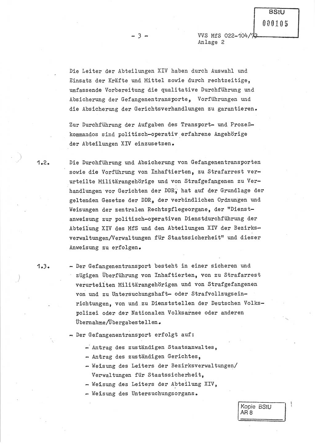 Dienstanweisung zur politisch-operativen Dienstdurchführung der Abteilung XIV des Ministeriums für Staatssicherheit (MfS) [Deutsche Demokratische Republik] und den Abteilungen ⅩⅣ der Bezirksverwaltungen (BV) für Staatssicherheit (BVfS) (DA - politisch-operative Dienstdurchführung der Abteilungen XIV), Ministerrat der Deutschen Demokratischen Republik, Ministerium für Staatssicherheit, Der Minister, Vertrauliche Verschlußsache (VVS) 022-104/73, Berlin, 12.2.1973, Anlage 2, Blatt 3 (DA pol.-op. Di.-Durchf. Abt. ⅩⅣ MfS DDR VVS 022-104/73 1973, Anl. 2, Bl. 3)