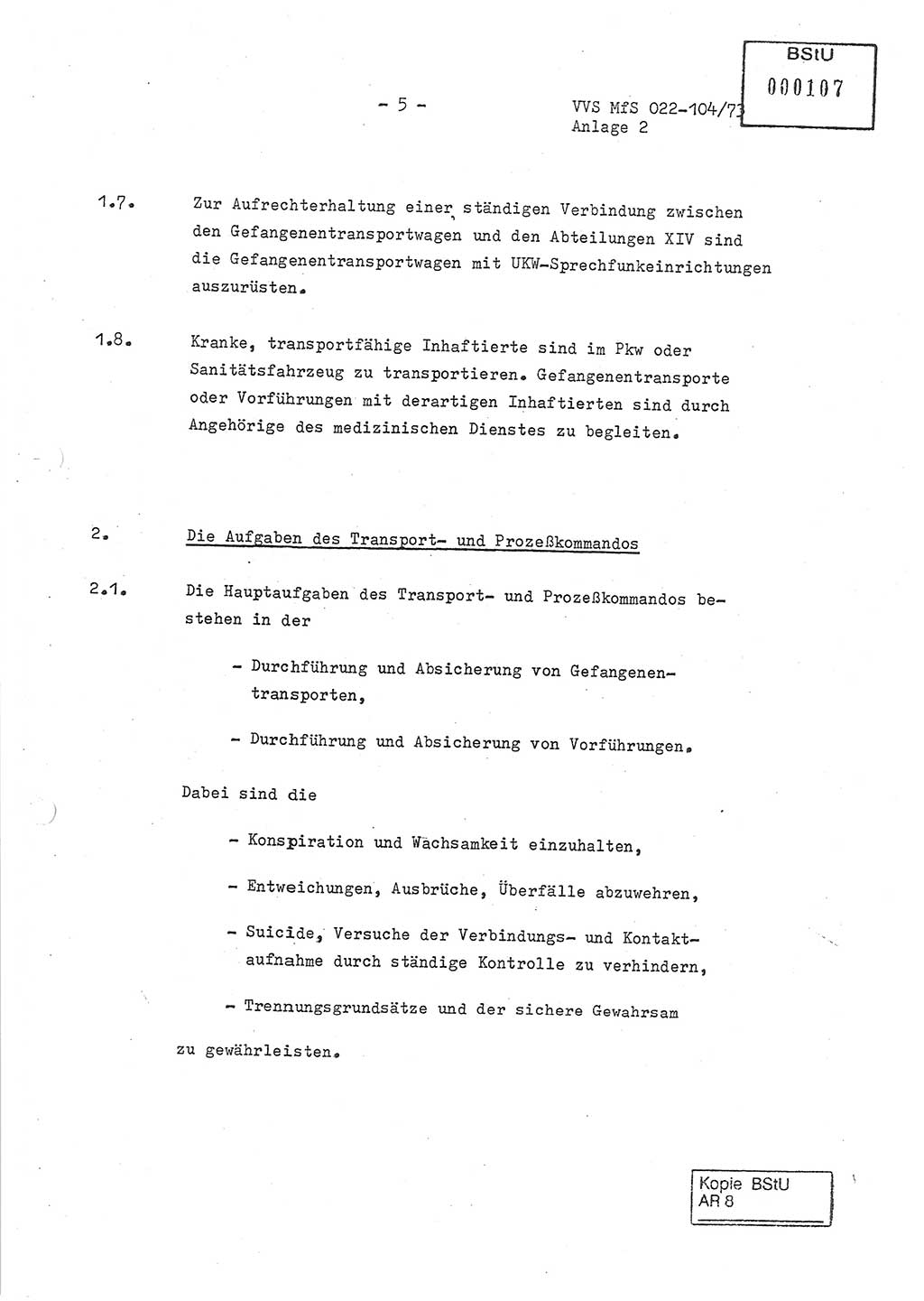 Dienstanweisung zur politisch-operativen Dienstdurchführung der Abteilung XIV des Ministeriums für Staatssicherheit (MfS) [Deutsche Demokratische Republik] und den Abteilungen ⅩⅣ der Bezirksverwaltungen (BV) für Staatssicherheit (BVfS) (DA - politisch-operative Dienstdurchführung der Abteilungen XIV), Ministerrat der Deutschen Demokratischen Republik, Ministerium für Staatssicherheit, Der Minister, Vertrauliche Verschlußsache (VVS) 022-104/73, Berlin, 12.2.1973, Anlage 2, Blatt 5 (DA pol.-op. Di.-Durchf. Abt. ⅩⅣ MfS DDR VVS 022-104/73 1973, Anl. 2, Bl. 5)