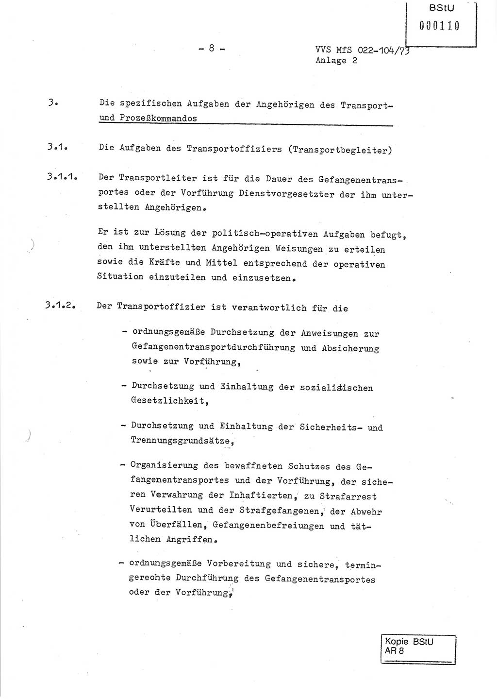 Dienstanweisung zur politisch-operativen Dienstdurchführung der Abteilung XIV des Ministeriums für Staatssicherheit (MfS) [Deutsche Demokratische Republik] und den Abteilungen ⅩⅣ der Bezirksverwaltungen (BV) für Staatssicherheit (BVfS) (DA - politisch-operative Dienstdurchführung der Abteilungen XIV), Ministerrat der Deutschen Demokratischen Republik, Ministerium für Staatssicherheit, Der Minister, Vertrauliche Verschlußsache (VVS) 022-104/73, Berlin, 12.2.1973, Anlage 2, Blatt 8 (DA pol.-op. Di.-Durchf. Abt. ⅩⅣ MfS DDR VVS 022-104/73 1973, Anl. 2, Bl. 8)