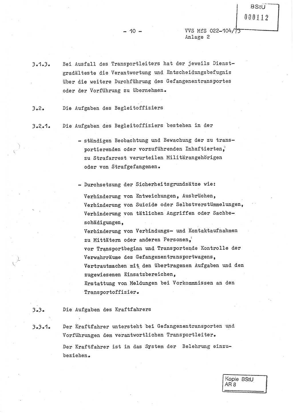 Dienstanweisung zur politisch-operativen Dienstdurchführung der Abteilung XIV des Ministeriums für Staatssicherheit (MfS) [Deutsche Demokratische Republik] und den Abteilungen ⅩⅣ der Bezirksverwaltungen (BV) für Staatssicherheit (BVfS) (DA - politisch-operative Dienstdurchführung der Abteilungen XIV), Ministerrat der Deutschen Demokratischen Republik, Ministerium für Staatssicherheit, Der Minister, Vertrauliche Verschlußsache (VVS) 022-104/73, Berlin, 12.2.1973, Anlage 2, Blatt 10 (DA pol.-op. Di.-Durchf. Abt. ⅩⅣ MfS DDR VVS 022-104/73 1973, Anl. 2, Bl. 10)