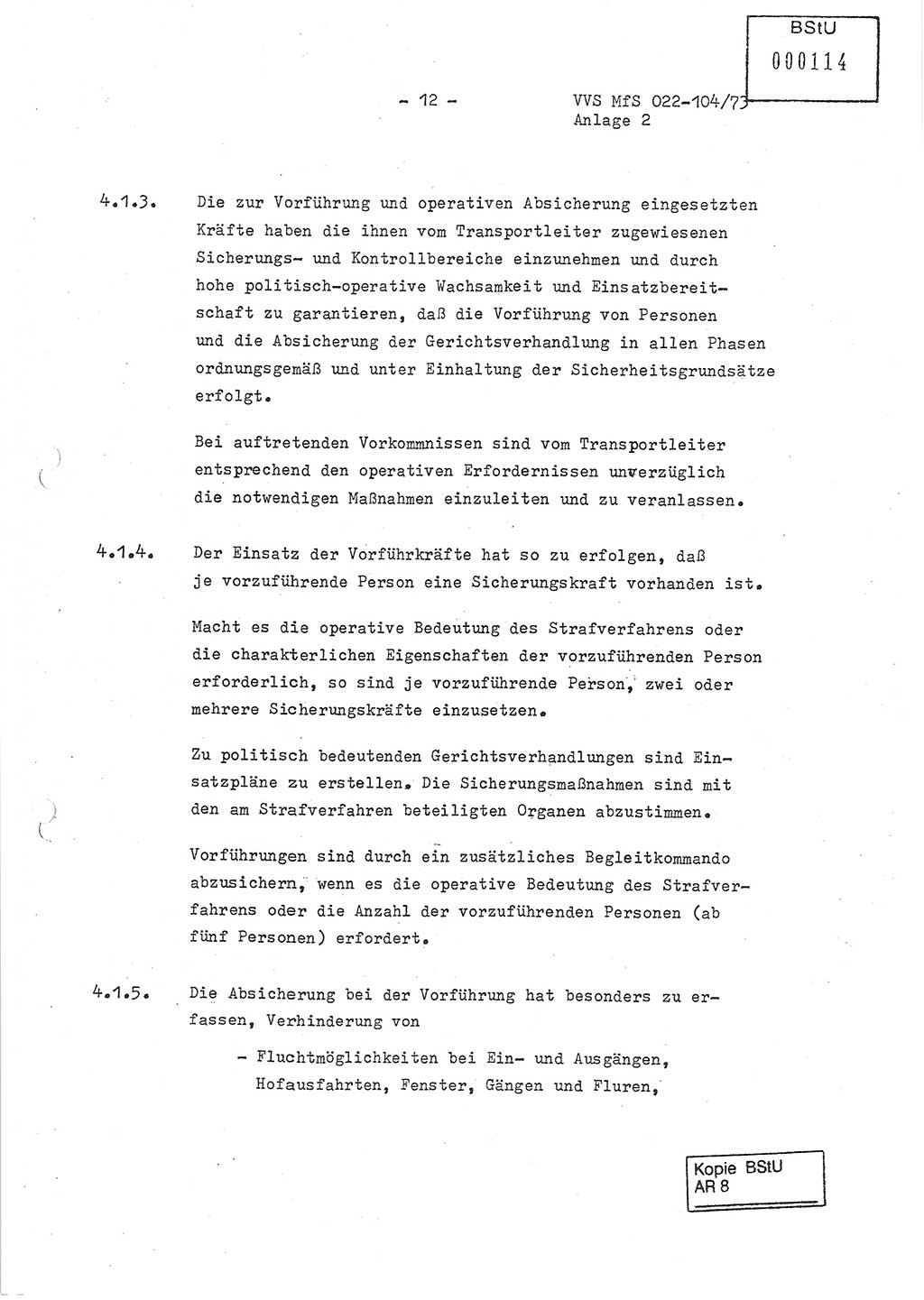 Dienstanweisung zur politisch-operativen Dienstdurchführung der Abteilung XIV des Ministeriums für Staatssicherheit (MfS) [Deutsche Demokratische Republik] und den Abteilungen ⅩⅣ der Bezirksverwaltungen (BV) für Staatssicherheit (BVfS) (DA - politisch-operative Dienstdurchführung der Abteilungen XIV), Ministerrat der Deutschen Demokratischen Republik, Ministerium für Staatssicherheit, Der Minister, Vertrauliche Verschlußsache (VVS) 022-104/73, Berlin, 12.2.1973, Anlage 2, Blatt 12 (DA pol.-op. Di.-Durchf. Abt. ⅩⅣ MfS DDR VVS 022-104/73 1973, Anl. 2, Bl. 12)