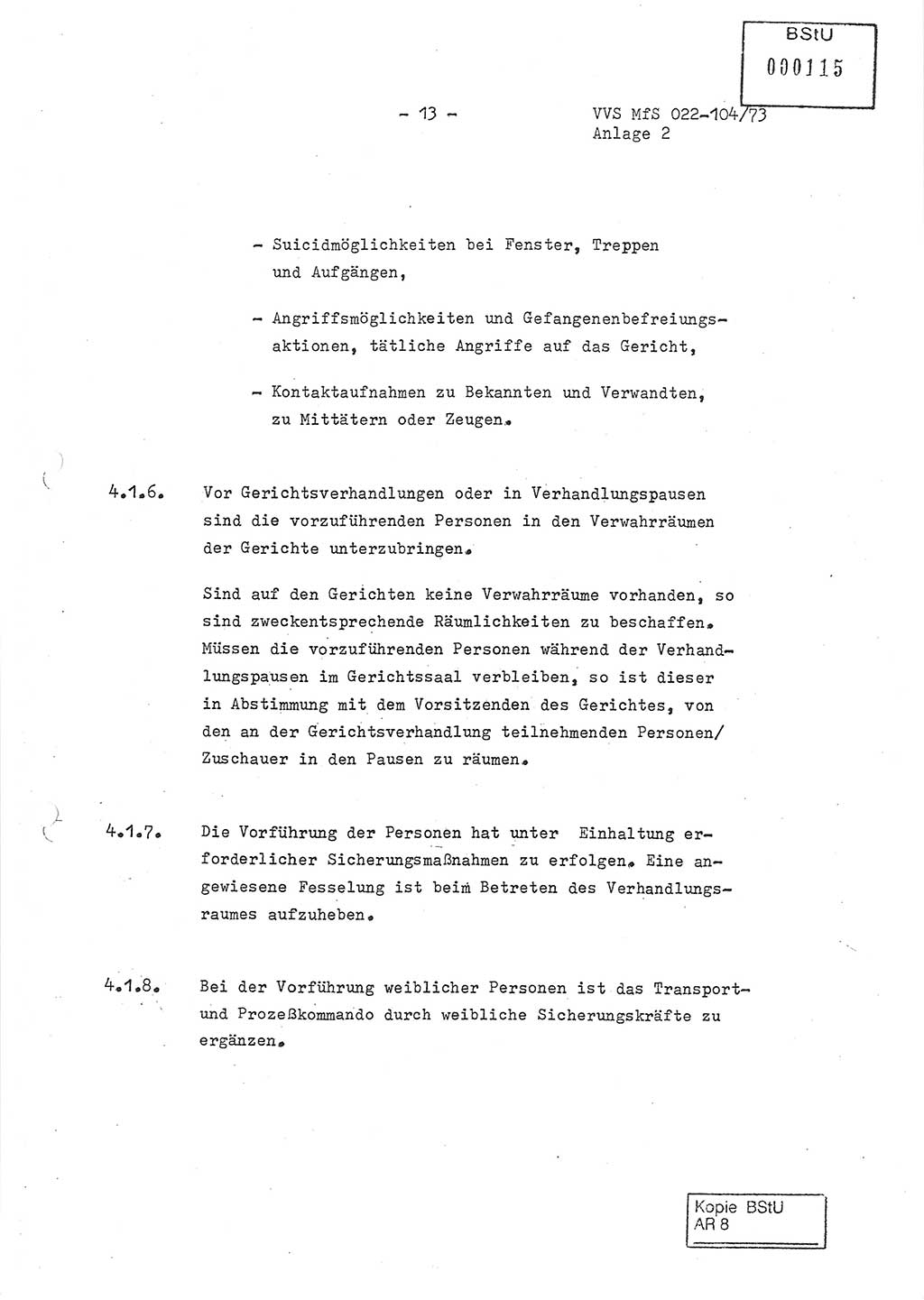 Dienstanweisung zur politisch-operativen Dienstdurchführung der Abteilung XIV des Ministeriums für Staatssicherheit (MfS) [Deutsche Demokratische Republik] und den Abteilungen ⅩⅣ der Bezirksverwaltungen (BV) für Staatssicherheit (BVfS) (DA - politisch-operative Dienstdurchführung der Abteilungen XIV), Ministerrat der Deutschen Demokratischen Republik, Ministerium für Staatssicherheit, Der Minister, Vertrauliche Verschlußsache (VVS) 022-104/73, Berlin, 12.2.1973, Anlage 2, Blatt 13 (DA pol.-op. Di.-Durchf. Abt. ⅩⅣ MfS DDR VVS 022-104/73 1973, Anl. 2, Bl. 13)