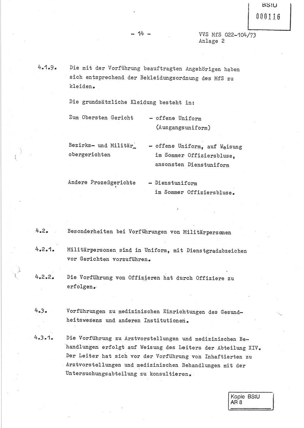 Dienstanweisung zur politisch-operativen Dienstdurchführung der Abteilung XIV des Ministeriums für Staatssicherheit (MfS) [Deutsche Demokratische Republik] und den Abteilungen ⅩⅣ der Bezirksverwaltungen (BV) für Staatssicherheit (BVfS) (DA - politisch-operative Dienstdurchführung der Abteilungen XIV), Ministerrat der Deutschen Demokratischen Republik, Ministerium für Staatssicherheit, Der Minister, Vertrauliche Verschlußsache (VVS) 022-104/73, Berlin, 12.2.1973, Anlage 2, Blatt 14 (DA pol.-op. Di.-Durchf. Abt. ⅩⅣ MfS DDR VVS 022-104/73 1973, Anl. 2, Bl. 14)