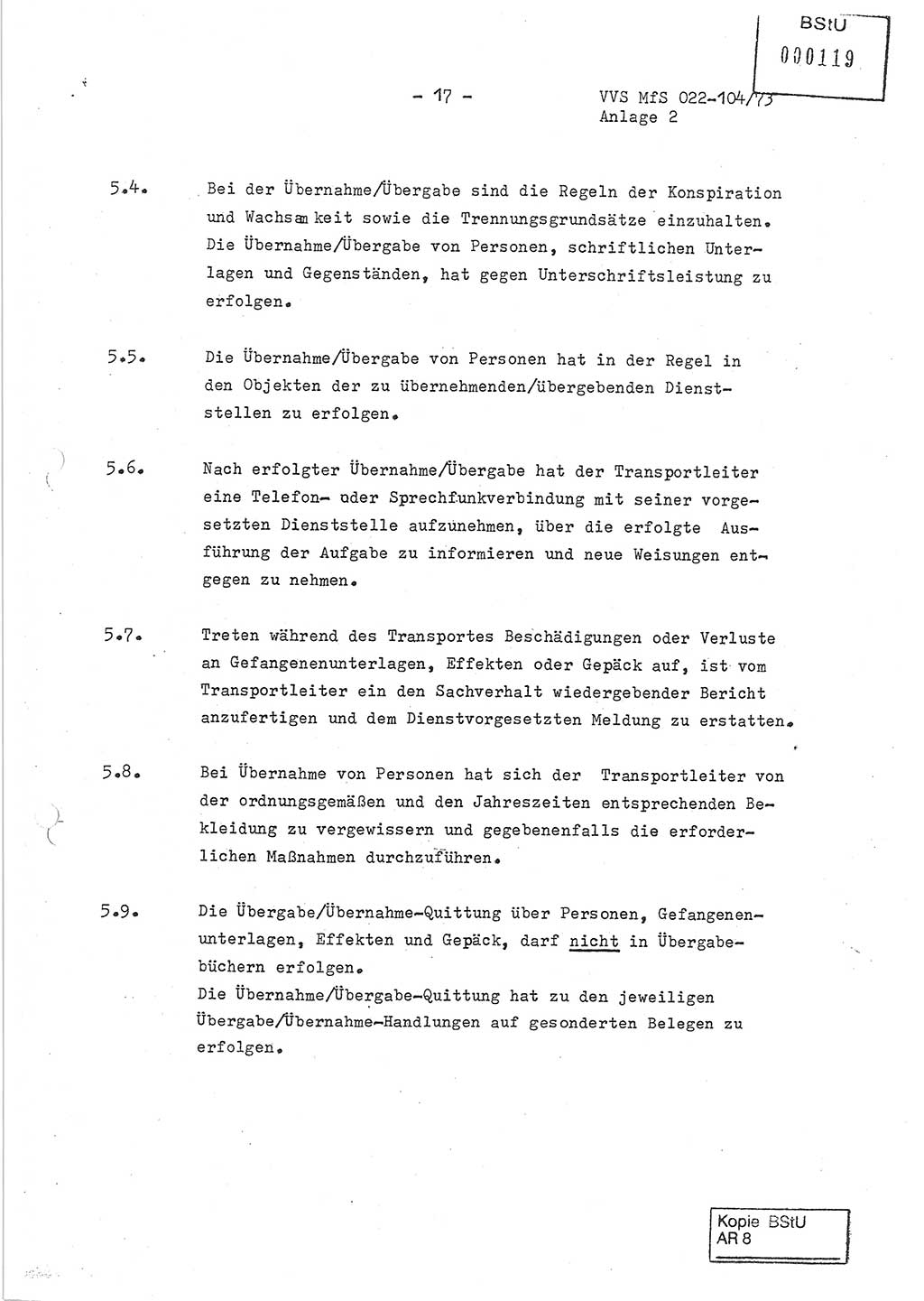 Dienstanweisung zur politisch-operativen Dienstdurchführung der Abteilung XIV des Ministeriums für Staatssicherheit (MfS) [Deutsche Demokratische Republik] und den Abteilungen ⅩⅣ der Bezirksverwaltungen (BV) für Staatssicherheit (BVfS) (DA - politisch-operative Dienstdurchführung der Abteilungen XIV), Ministerrat der Deutschen Demokratischen Republik, Ministerium für Staatssicherheit, Der Minister, Vertrauliche Verschlußsache (VVS) 022-104/73, Berlin, 12.2.1973, Anlage 2, Blatt 17 (DA pol.-op. Di.-Durchf. Abt. ⅩⅣ MfS DDR VVS 022-104/73 1973, Anl. 2, Bl. 17)