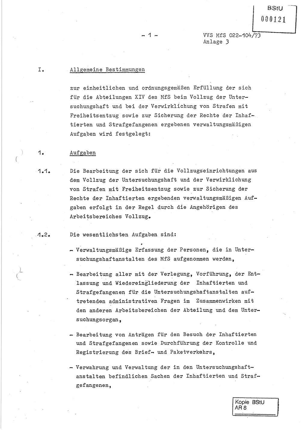 Dienstanweisung zur politisch-operativen Dienstdurchführung der Abteilung XIV des Ministeriums für Staatssicherheit (MfS) [Deutsche Demokratische Republik] und den Abteilungen ⅩⅣ der Bezirksverwaltungen (BV) für Staatssicherheit (BVfS) (DA - politisch-operative Dienstdurchführung der Abteilungen XIV), Ministerrat der Deutschen Demokratischen Republik, Ministerium für Staatssicherheit, Der Minister, Vertrauliche Verschlußsache (VVS) 022-104/73, Berlin, 12.2.1973, Anlage 3, Blatt 1 (DA pol.-op. Di.-Durchf. Abt. ⅩⅣ MfS DDR VVS 022-104/73 1973, Anl. 3, Bl. 1)