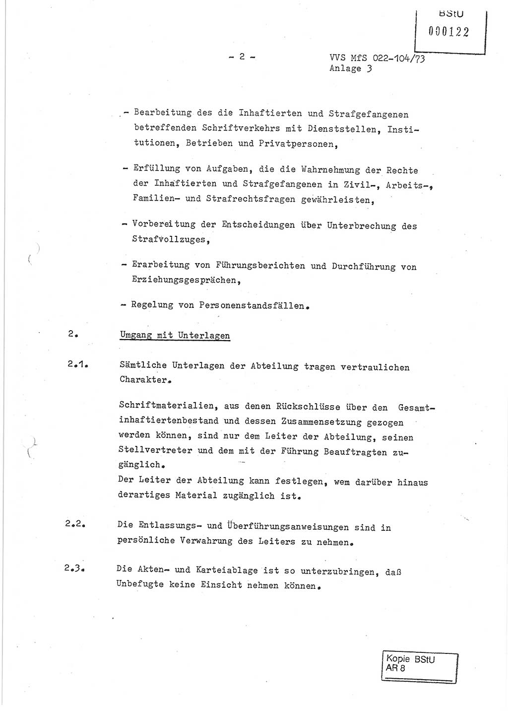 Dienstanweisung zur politisch-operativen Dienstdurchführung der Abteilung XIV des Ministeriums für Staatssicherheit (MfS) [Deutsche Demokratische Republik] und den Abteilungen ⅩⅣ der Bezirksverwaltungen (BV) für Staatssicherheit (BVfS) (DA - politisch-operative Dienstdurchführung der Abteilungen XIV), Ministerrat der Deutschen Demokratischen Republik, Ministerium für Staatssicherheit, Der Minister, Vertrauliche Verschlußsache (VVS) 022-104/73, Berlin, 12.2.1973, Anlage 3, Blatt 2 (DA pol.-op. Di.-Durchf. Abt. ⅩⅣ MfS DDR VVS 022-104/73 1973, Anl. 3, Bl. 2)