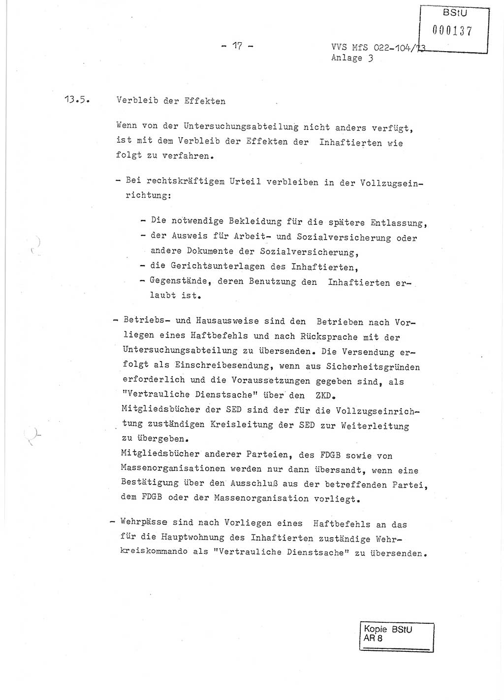 Dienstanweisung zur politisch-operativen Dienstdurchführung der Abteilung XIV des Ministeriums für Staatssicherheit (MfS) [Deutsche Demokratische Republik] und den Abteilungen ⅩⅣ der Bezirksverwaltungen (BV) für Staatssicherheit (BVfS) (DA - politisch-operative Dienstdurchführung der Abteilungen XIV), Ministerrat der Deutschen Demokratischen Republik, Ministerium für Staatssicherheit, Der Minister, Vertrauliche Verschlußsache (VVS) 022-104/73, Berlin, 12.2.1973, Anlage 3, Blatt 17 (DA pol.-op. Di.-Durchf. Abt. ⅩⅣ MfS DDR VVS 022-104/73 1973, Anl. 3, Bl. 17)