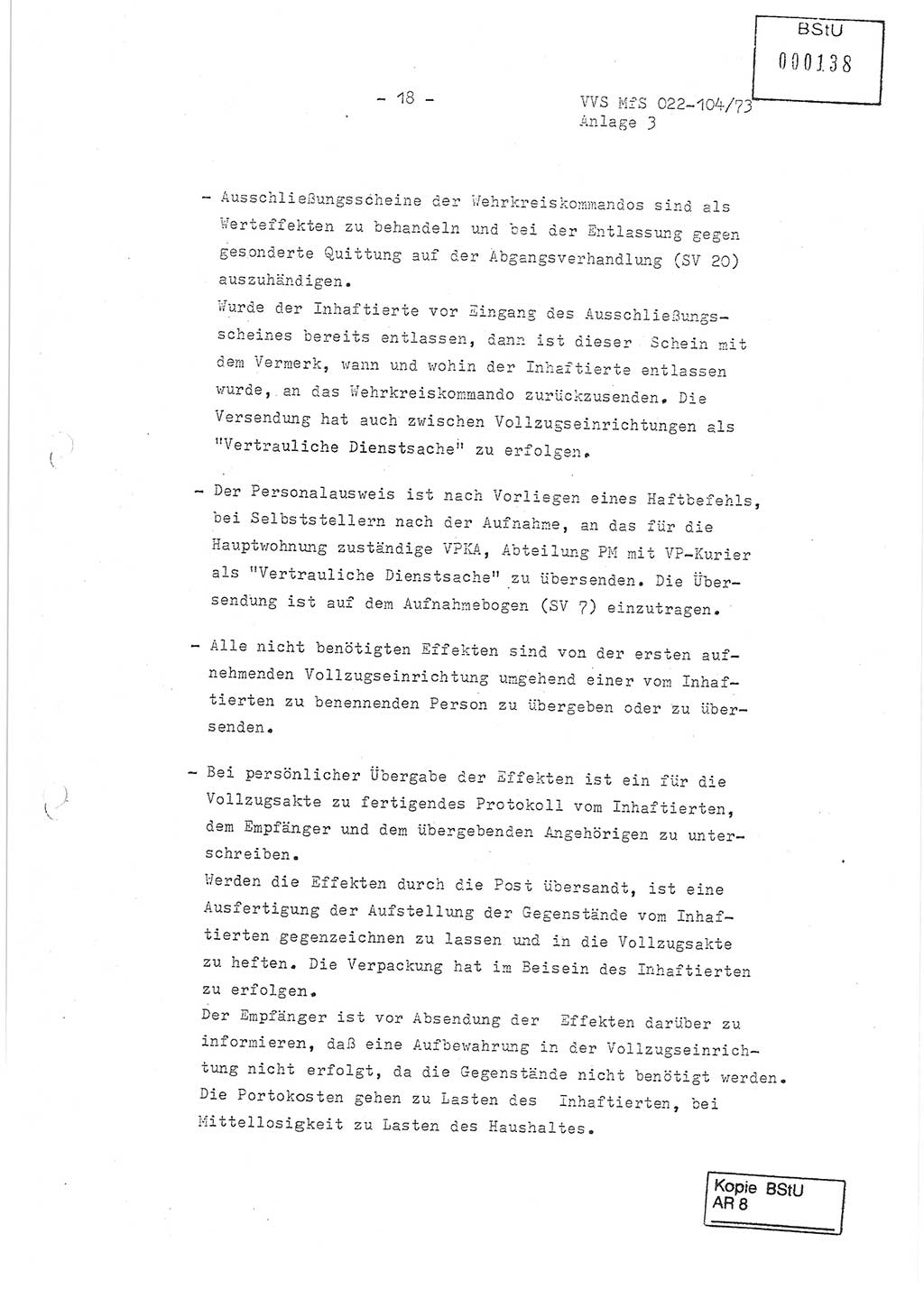 Dienstanweisung zur politisch-operativen Dienstdurchführung der Abteilung XIV des Ministeriums für Staatssicherheit (MfS) [Deutsche Demokratische Republik] und den Abteilungen ⅩⅣ der Bezirksverwaltungen (BV) für Staatssicherheit (BVfS) (DA - politisch-operative Dienstdurchführung der Abteilungen XIV), Ministerrat der Deutschen Demokratischen Republik, Ministerium für Staatssicherheit, Der Minister, Vertrauliche Verschlußsache (VVS) 022-104/73, Berlin, 12.2.1973, Anlage 3, Blatt 18 (DA pol.-op. Di.-Durchf. Abt. ⅩⅣ MfS DDR VVS 022-104/73 1973, Anl. 3, Bl. 18)