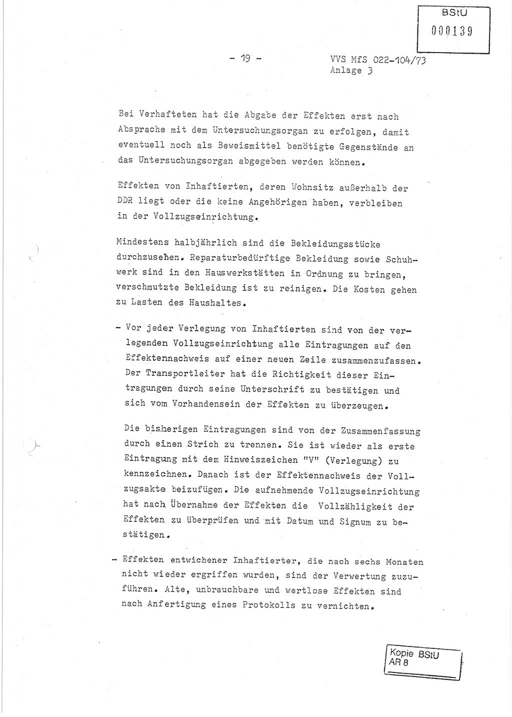 Dienstanweisung zur politisch-operativen Dienstdurchführung der Abteilung XIV des Ministeriums für Staatssicherheit (MfS) [Deutsche Demokratische Republik] und den Abteilungen ⅩⅣ der Bezirksverwaltungen (BV) für Staatssicherheit (BVfS) (DA - politisch-operative Dienstdurchführung der Abteilungen XIV), Ministerrat der Deutschen Demokratischen Republik, Ministerium für Staatssicherheit, Der Minister, Vertrauliche Verschlußsache (VVS) 022-104/73, Berlin, 12.2.1973, Anlage 3, Blatt 19 (DA pol.-op. Di.-Durchf. Abt. ⅩⅣ MfS DDR VVS 022-104/73 1973, Anl. 3, Bl. 19)