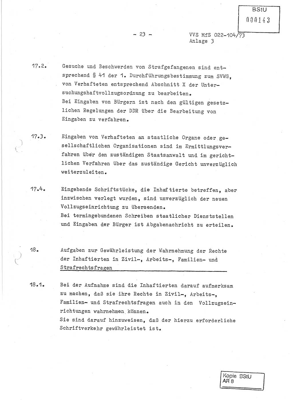 Dienstanweisung zur politisch-operativen Dienstdurchführung der Abteilung XIV des Ministeriums für Staatssicherheit (MfS) [Deutsche Demokratische Republik] und den Abteilungen ⅩⅣ der Bezirksverwaltungen (BV) für Staatssicherheit (BVfS) (DA - politisch-operative Dienstdurchführung der Abteilungen XIV), Ministerrat der Deutschen Demokratischen Republik, Ministerium für Staatssicherheit, Der Minister, Vertrauliche Verschlußsache (VVS) 022-104/73, Berlin, 12.2.1973, Anlage 3, Blatt 23 (DA pol.-op. Di.-Durchf. Abt. ⅩⅣ MfS DDR VVS 022-104/73 1973, Anl. 3, Bl. 23)