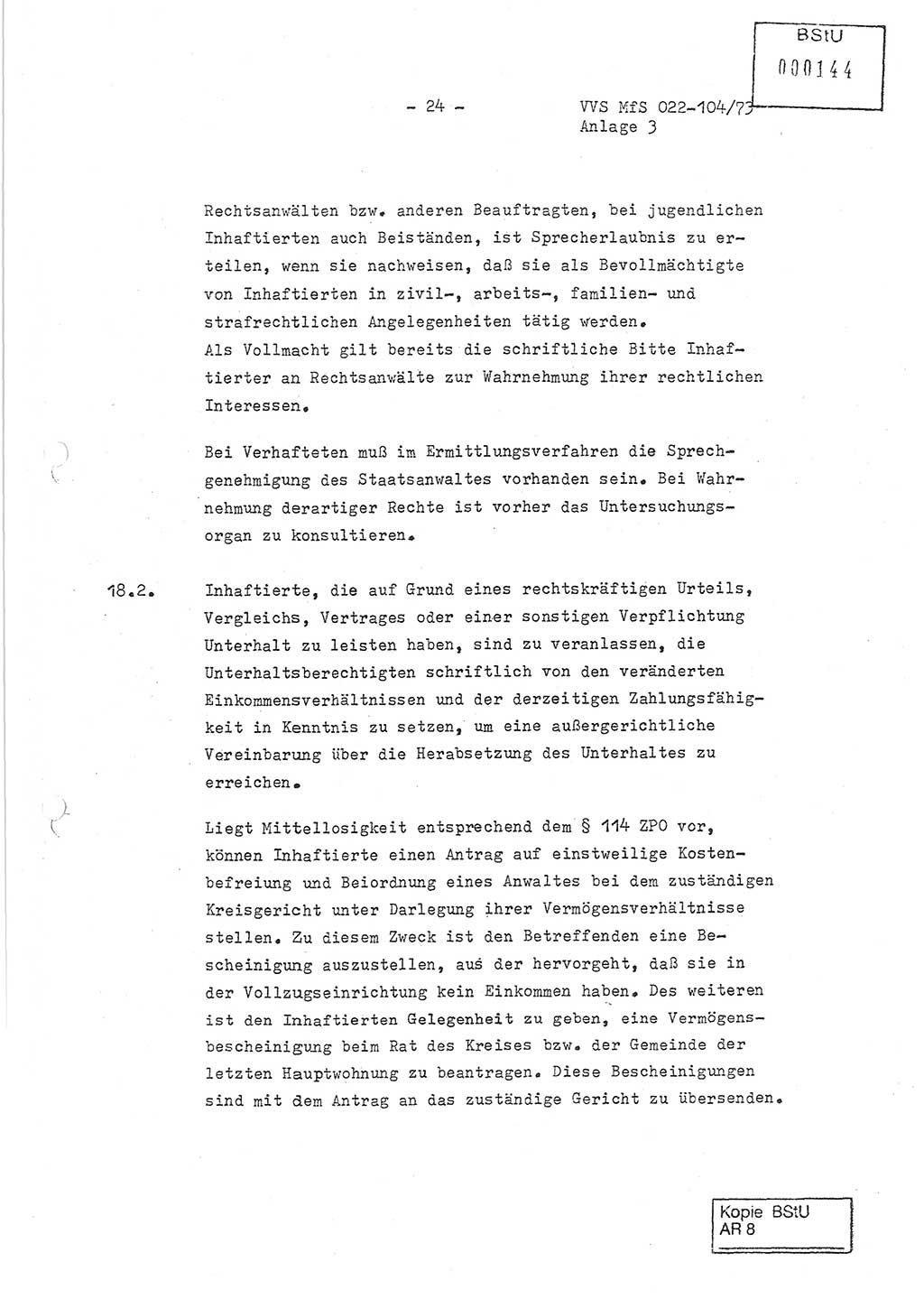 Dienstanweisung zur politisch-operativen Dienstdurchführung der Abteilung XIV des Ministeriums für Staatssicherheit (MfS) [Deutsche Demokratische Republik] und den Abteilungen ⅩⅣ der Bezirksverwaltungen (BV) für Staatssicherheit (BVfS) (DA - politisch-operative Dienstdurchführung der Abteilungen XIV), Ministerrat der Deutschen Demokratischen Republik, Ministerium für Staatssicherheit, Der Minister, Vertrauliche Verschlußsache (VVS) 022-104/73, Berlin, 12.2.1973, Anlage 3, Blatt 24 (DA pol.-op. Di.-Durchf. Abt. ⅩⅣ MfS DDR VVS 022-104/73 1973, Anl. 3, Bl. 24)