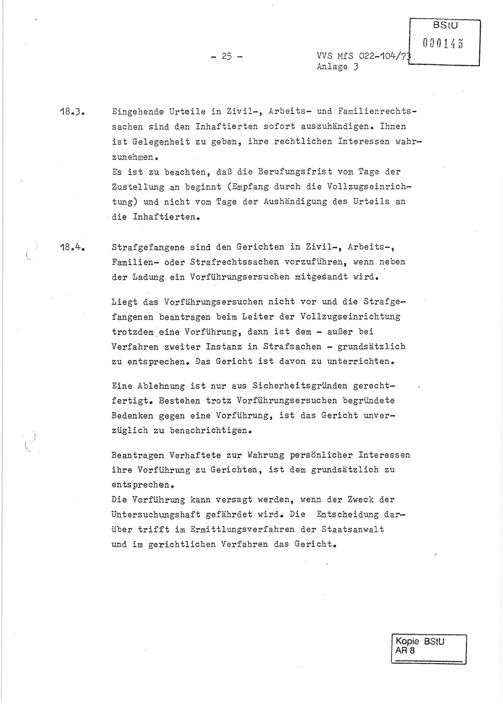 Dienstanweisung zur politisch-operativen Dienstdurchführung der Abteilung XIV des Ministeriums für Staatssicherheit (MfS) [Deutsche Demokratische Republik] und den Abteilungen ⅩⅣ der Bezirksverwaltungen (BV) für Staatssicherheit (BVfS) (DA - politisch-operative Dienstdurchführung der Abteilungen XIV), Ministerrat der Deutschen Demokratischen Republik, Ministerium für Staatssicherheit, Der Minister, Vertrauliche Verschlußsache (VVS) 022-104/73, Berlin, 12.2.1973, Anlage 3, Blatt 25 (DA pol.-op. Di.-Durchf. Abt. ⅩⅣ MfS DDR VVS 022-104/73 1973, Anl. 3, Bl. 25)