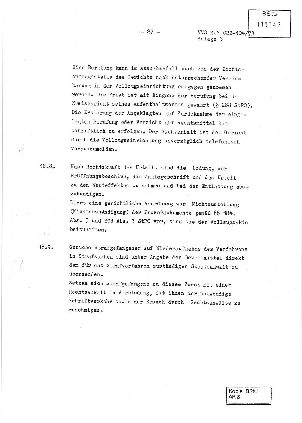 Dienstanweisung zur politisch-operativen Dienstdurchführung der Abteilung XIV des Ministeriums für Staatssicherheit (MfS) [Deutsche Demokratische Republik] und den Abteilungen ⅩⅣ der Bezirksverwaltungen (BV) für Staatssicherheit (BVfS) (DA - politisch-operative Dienstdurchführung der Abteilungen XIV), Ministerrat der Deutschen Demokratischen Republik, Ministerium für Staatssicherheit, Der Minister, Vertrauliche Verschlußsache (VVS) 022-104/73, Berlin, 12.2.1973, Anlage 3, Blatt 27 (DA pol.-op. Di.-Durchf. Abt. ⅩⅣ MfS DDR VVS 022-104/73 1973, Anl. 3, Bl. 27)