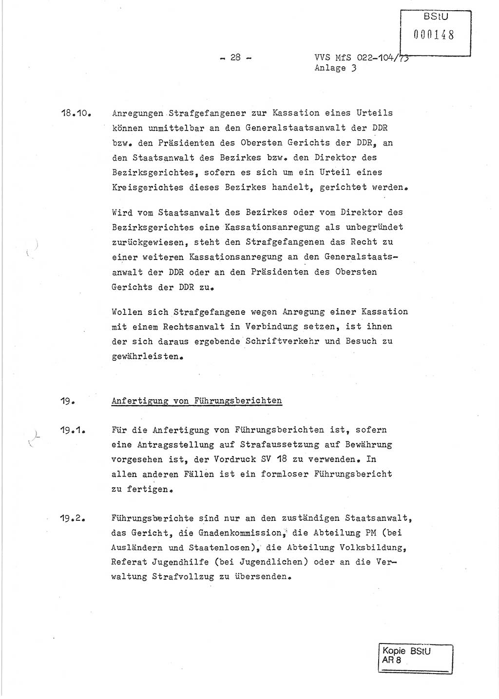 Dienstanweisung zur politisch-operativen Dienstdurchführung der Abteilung XIV des Ministeriums für Staatssicherheit (MfS) [Deutsche Demokratische Republik] und den Abteilungen ⅩⅣ der Bezirksverwaltungen (BV) für Staatssicherheit (BVfS) (DA - politisch-operative Dienstdurchführung der Abteilungen XIV), Ministerrat der Deutschen Demokratischen Republik, Ministerium für Staatssicherheit, Der Minister, Vertrauliche Verschlußsache (VVS) 022-104/73, Berlin, 12.2.1973, Anlage 3, Blatt 28 (DA pol.-op. Di.-Durchf. Abt. ⅩⅣ MfS DDR VVS 022-104/73 1973, Anl. 3, Bl. 28)