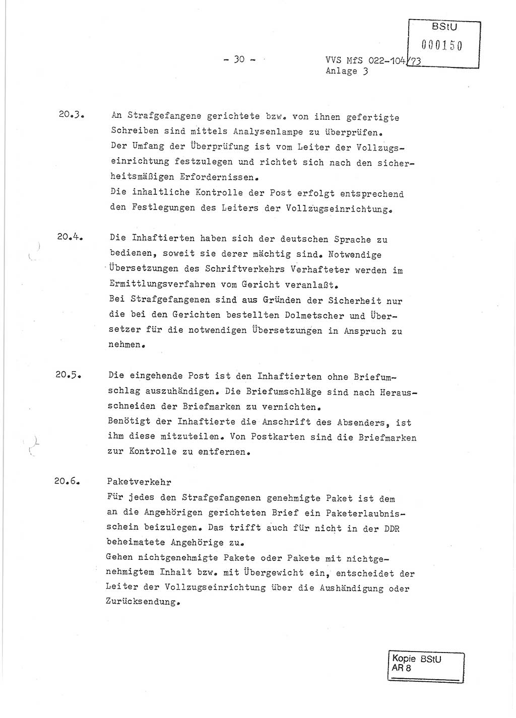 Dienstanweisung zur politisch-operativen Dienstdurchführung der Abteilung XIV des Ministeriums für Staatssicherheit (MfS) [Deutsche Demokratische Republik] und den Abteilungen ⅩⅣ der Bezirksverwaltungen (BV) für Staatssicherheit (BVfS) (DA - politisch-operative Dienstdurchführung der Abteilungen XIV), Ministerrat der Deutschen Demokratischen Republik, Ministerium für Staatssicherheit, Der Minister, Vertrauliche Verschlußsache (VVS) 022-104/73, Berlin, 12.2.1973, Anlage 3, Blatt 30 (DA pol.-op. Di.-Durchf. Abt. ⅩⅣ MfS DDR VVS 022-104/73 1973, Anl. 3, Bl. 30)