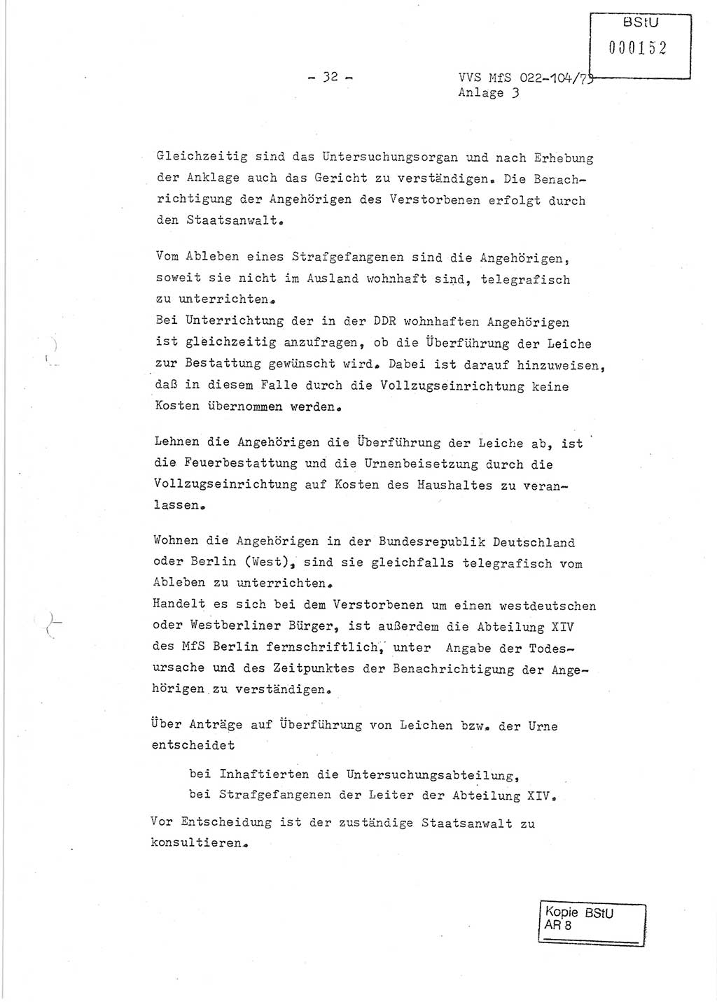 Dienstanweisung zur politisch-operativen Dienstdurchführung der Abteilung XIV des Ministeriums für Staatssicherheit (MfS) [Deutsche Demokratische Republik] und den Abteilungen ⅩⅣ der Bezirksverwaltungen (BV) für Staatssicherheit (BVfS) (DA - politisch-operative Dienstdurchführung der Abteilungen XIV), Ministerrat der Deutschen Demokratischen Republik, Ministerium für Staatssicherheit, Der Minister, Vertrauliche Verschlußsache (VVS) 022-104/73, Berlin, 12.2.1973, Anlage 3, Blatt 32 (DA pol.-op. Di.-Durchf. Abt. ⅩⅣ MfS DDR VVS 022-104/73 1973, Anl. 3, Bl. 32)