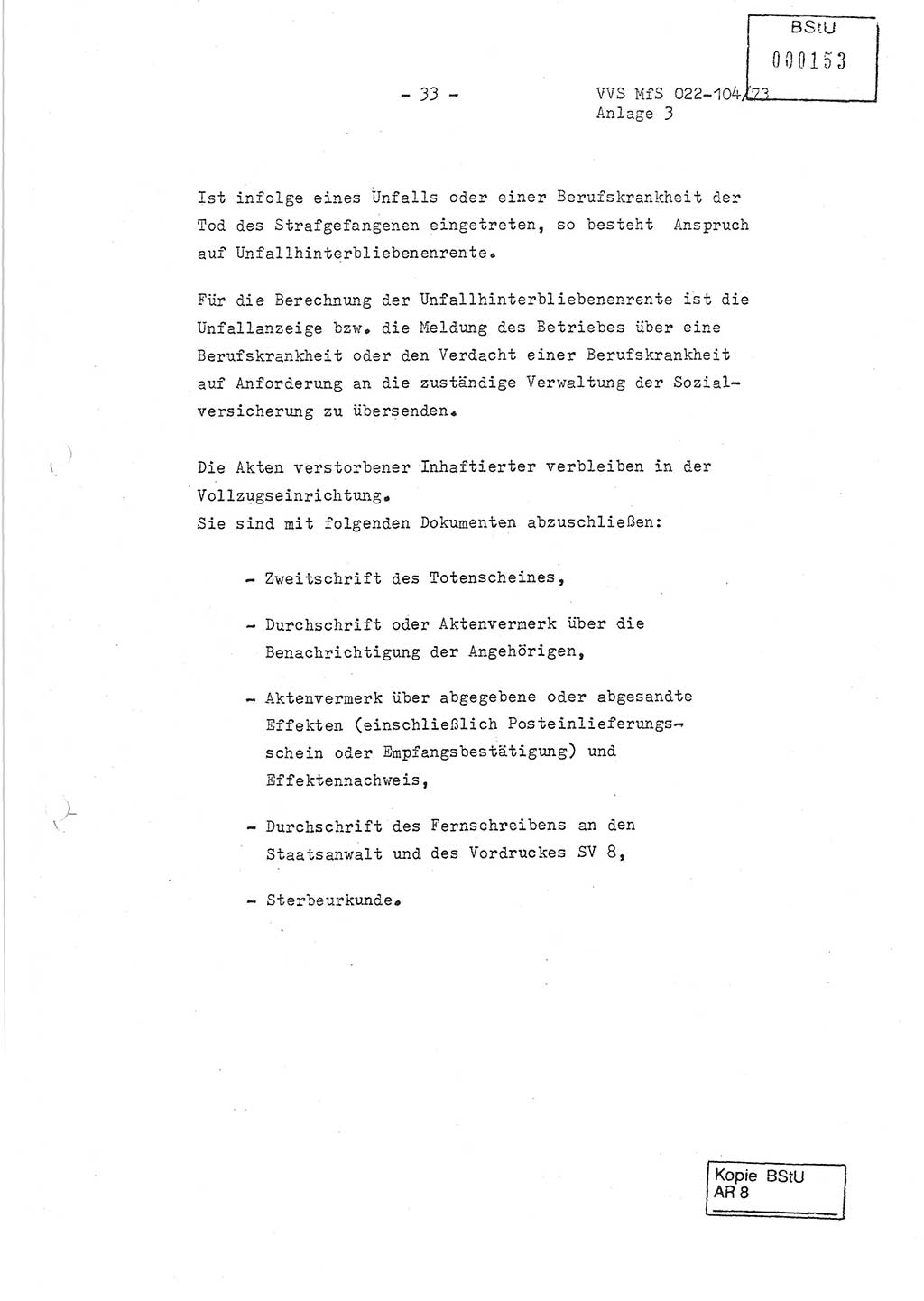 Dienstanweisung zur politisch-operativen Dienstdurchführung der Abteilung XIV des Ministeriums für Staatssicherheit (MfS) [Deutsche Demokratische Republik] und den Abteilungen ⅩⅣ der Bezirksverwaltungen (BV) für Staatssicherheit (BVfS) (DA - politisch-operative Dienstdurchführung der Abteilungen XIV), Ministerrat der Deutschen Demokratischen Republik, Ministerium für Staatssicherheit, Der Minister, Vertrauliche Verschlußsache (VVS) 022-104/73, Berlin, 12.2.1973, Anlage 3, Blatt 33 (DA pol.-op. Di.-Durchf. Abt. ⅩⅣ MfS DDR VVS 022-104/73 1973, Anl. 3, Bl. 33)