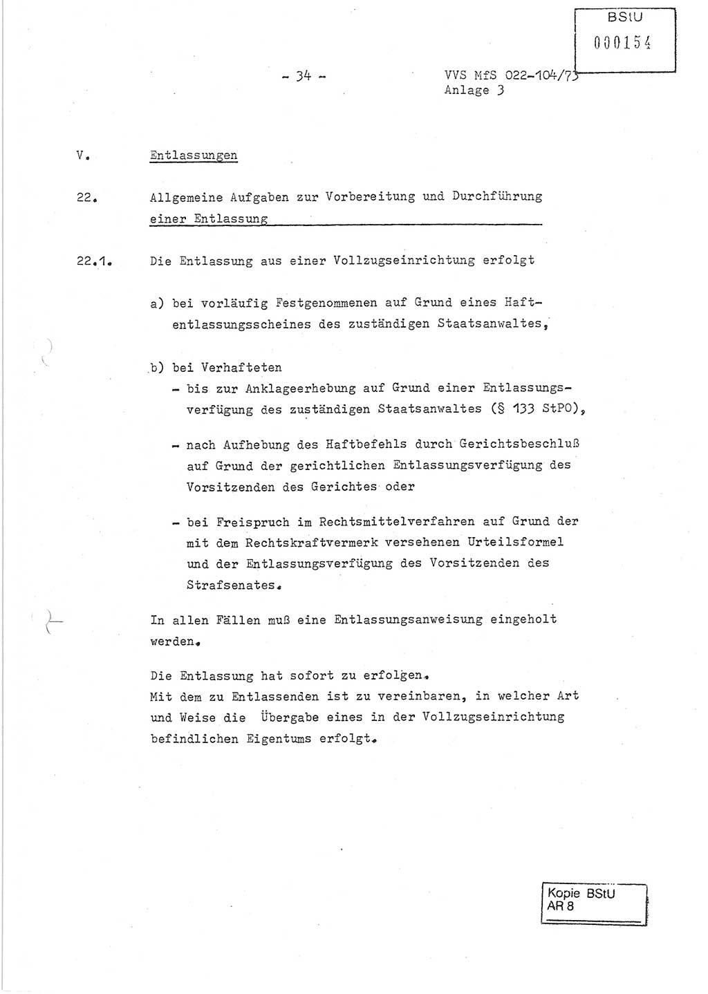 Dienstanweisung zur politisch-operativen Dienstdurchführung der Abteilung XIV des Ministeriums für Staatssicherheit (MfS) [Deutsche Demokratische Republik] und den Abteilungen ⅩⅣ der Bezirksverwaltungen (BV) für Staatssicherheit (BVfS) (DA - politisch-operative Dienstdurchführung der Abteilungen XIV), Ministerrat der Deutschen Demokratischen Republik, Ministerium für Staatssicherheit, Der Minister, Vertrauliche Verschlußsache (VVS) 022-104/73, Berlin, 12.2.1973, Anlage 3, Blatt 34 (DA pol.-op. Di.-Durchf. Abt. ⅩⅣ MfS DDR VVS 022-104/73 1973, Anl. 3, Bl. 34)