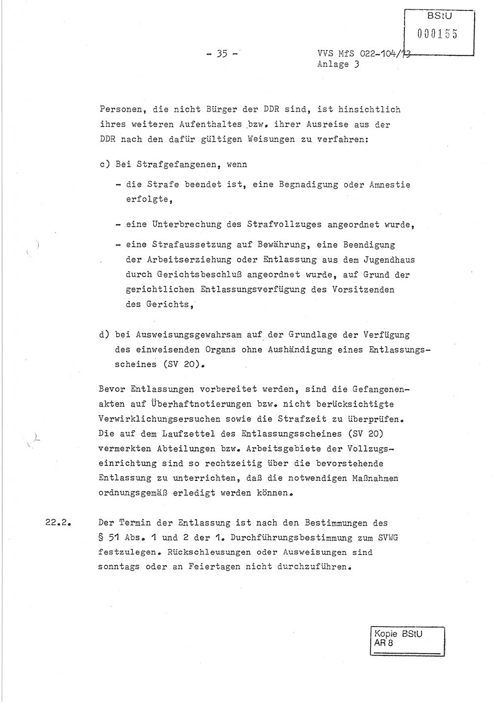 Dienstanweisung zur politisch-operativen Dienstdurchführung der Abteilung XIV des Ministeriums für Staatssicherheit (MfS) [Deutsche Demokratische Republik] und den Abteilungen ⅩⅣ der Bezirksverwaltungen (BV) für Staatssicherheit (BVfS) (DA - politisch-operative Dienstdurchführung der Abteilungen XIV), Ministerrat der Deutschen Demokratischen Republik, Ministerium für Staatssicherheit, Der Minister, Vertrauliche Verschlußsache (VVS) 022-104/73, Berlin, 12.2.1973, Anlage 3, Blatt 35 (DA pol.-op. Di.-Durchf. Abt. ⅩⅣ MfS DDR VVS 022-104/73 1973, Anl. 3, Bl. 35)