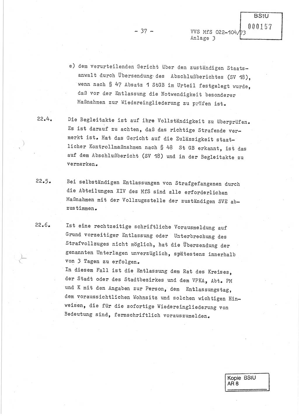 Dienstanweisung zur politisch-operativen Dienstdurchführung der Abteilung XIV des Ministeriums für Staatssicherheit (MfS) [Deutsche Demokratische Republik] und den Abteilungen ⅩⅣ der Bezirksverwaltungen (BV) für Staatssicherheit (BVfS) (DA - politisch-operative Dienstdurchführung der Abteilungen XIV), Ministerrat der Deutschen Demokratischen Republik, Ministerium für Staatssicherheit, Der Minister, Vertrauliche Verschlußsache (VVS) 022-104/73, Berlin, 12.2.1973, Anlage 3, Blatt 37 (DA pol.-op. Di.-Durchf. Abt. ⅩⅣ MfS DDR VVS 022-104/73 1973, Anl. 3, Bl. 37)