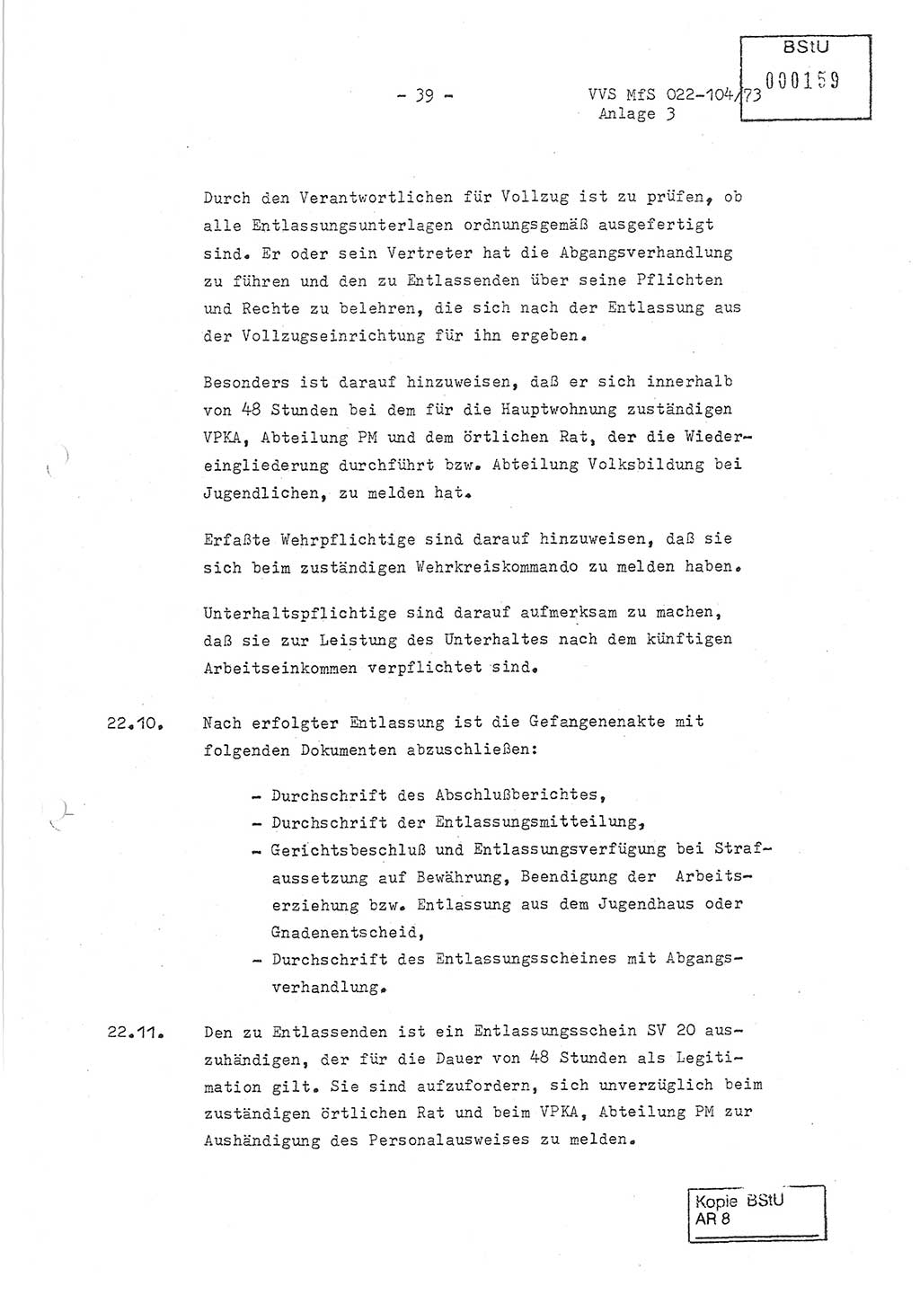 Dienstanweisung zur politisch-operativen Dienstdurchführung der Abteilung XIV des Ministeriums für Staatssicherheit (MfS) [Deutsche Demokratische Republik] und den Abteilungen ⅩⅣ der Bezirksverwaltungen (BV) für Staatssicherheit (BVfS) (DA - politisch-operative Dienstdurchführung der Abteilungen XIV), Ministerrat der Deutschen Demokratischen Republik, Ministerium für Staatssicherheit, Der Minister, Vertrauliche Verschlußsache (VVS) 022-104/73, Berlin, 12.2.1973, Anlage 3, Blatt 39 (DA pol.-op. Di.-Durchf. Abt. ⅩⅣ MfS DDR VVS 022-104/73 1973, Anl. 3, Bl. 39)