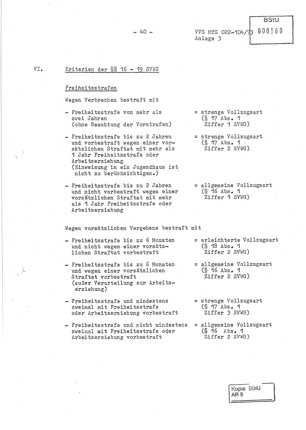 Dienstanweisung zur politisch-operativen Dienstdurchführung der Abteilung XIV des Ministeriums für Staatssicherheit (MfS) [Deutsche Demokratische Republik] und den Abteilungen ⅩⅣ der Bezirksverwaltungen (BV) für Staatssicherheit (BVfS) (DA - politisch-operative Dienstdurchführung der Abteilungen XIV), Ministerrat der Deutschen Demokratischen Republik, Ministerium für Staatssicherheit, Der Minister, Vertrauliche Verschlußsache (VVS) 022-104/73, Berlin, 12.2.1973, Anlage 3, Blatt 40 (DA pol.-op. Di.-Durchf. Abt. ⅩⅣ MfS DDR VVS 022-104/73 1973, Anl. 3, Bl. 40)