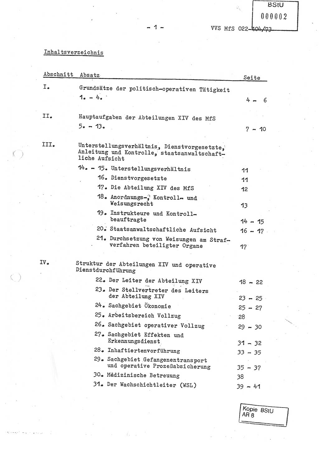 Dienstanweisung zur politisch-operativen Dienstdurchführung der Abteilung XIV des Ministeriums für Staatssicherheit (MfS) [Deutsche Demokratische Republik] und den Abteilungen ⅩⅣ der Bezirksverwaltungen (BV) für Staatssicherheit (BVfS) (DA - politisch-operative Dienstdurchführung der Abteilungen XIV), Ministerrat der Deutschen Demokratischen Republik, Ministerium für Staatssicherheit, Der Minister, Vertrauliche Verschlußsache (VVS) 022-104/73, Berlin, 12.2.1973, Blatt 1 (DA pol.-op. Di.-Durchf. Abt. ⅩⅣ MfS DDR VVS 022-104/73 1973, Bl. 1)