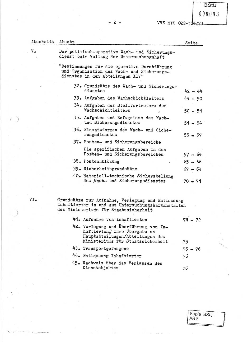 Dienstanweisung zur politisch-operativen Dienstdurchführung der Abteilung XIV des Ministeriums für Staatssicherheit (MfS) [Deutsche Demokratische Republik] und den Abteilungen ⅩⅣ der Bezirksverwaltungen (BV) für Staatssicherheit (BVfS) (DA - politisch-operative Dienstdurchführung der Abteilungen XIV), Ministerrat der Deutschen Demokratischen Republik, Ministerium für Staatssicherheit, Der Minister, Vertrauliche Verschlußsache (VVS) 022-104/73, Berlin, 12.2.1973, Blatt 2 (DA pol.-op. Di.-Durchf. Abt. ⅩⅣ MfS DDR VVS 022-104/73 1973, Bl. 2)