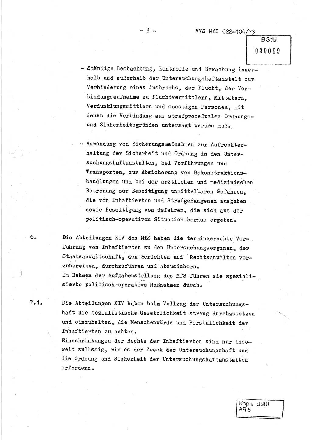 Dienstanweisung zur politisch-operativen Dienstdurchführung der Abteilung XIV des Ministeriums für Staatssicherheit (MfS) [Deutsche Demokratische Republik] und den Abteilungen ⅩⅣ der Bezirksverwaltungen (BV) für Staatssicherheit (BVfS) (DA - politisch-operative Dienstdurchführung der Abteilungen XIV), Ministerrat der Deutschen Demokratischen Republik, Ministerium für Staatssicherheit, Der Minister, Vertrauliche Verschlußsache (VVS) 022-104/73, Berlin, 12.2.1973, Blatt 8 (DA pol.-op. Di.-Durchf. Abt. ⅩⅣ MfS DDR VVS 022-104/73 1973, Bl. 8)