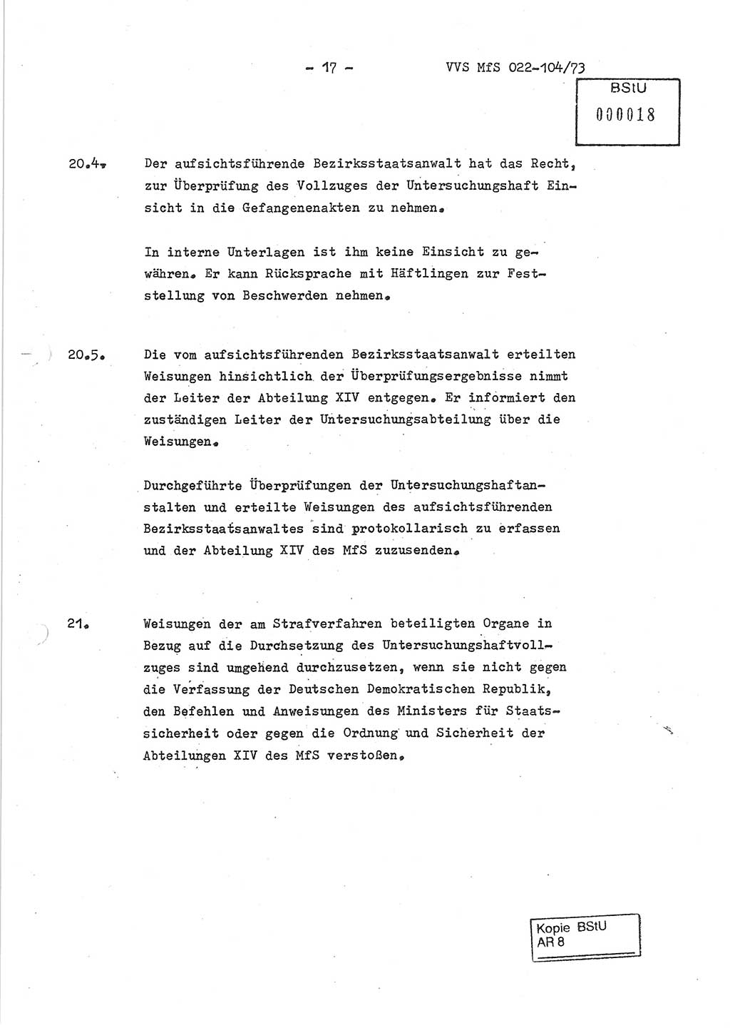 Dienstanweisung zur politisch-operativen Dienstdurchführung der Abteilung XIV des Ministeriums für Staatssicherheit (MfS) [Deutsche Demokratische Republik] und den Abteilungen ⅩⅣ der Bezirksverwaltungen (BV) für Staatssicherheit (BVfS) (DA - politisch-operative Dienstdurchführung der Abteilungen XIV), Ministerrat der Deutschen Demokratischen Republik, Ministerium für Staatssicherheit, Der Minister, Vertrauliche Verschlußsache (VVS) 022-104/73, Berlin, 12.2.1973, Blatt 17 (DA pol.-op. Di.-Durchf. Abt. ⅩⅣ MfS DDR VVS 022-104/73 1973, Bl. 17)