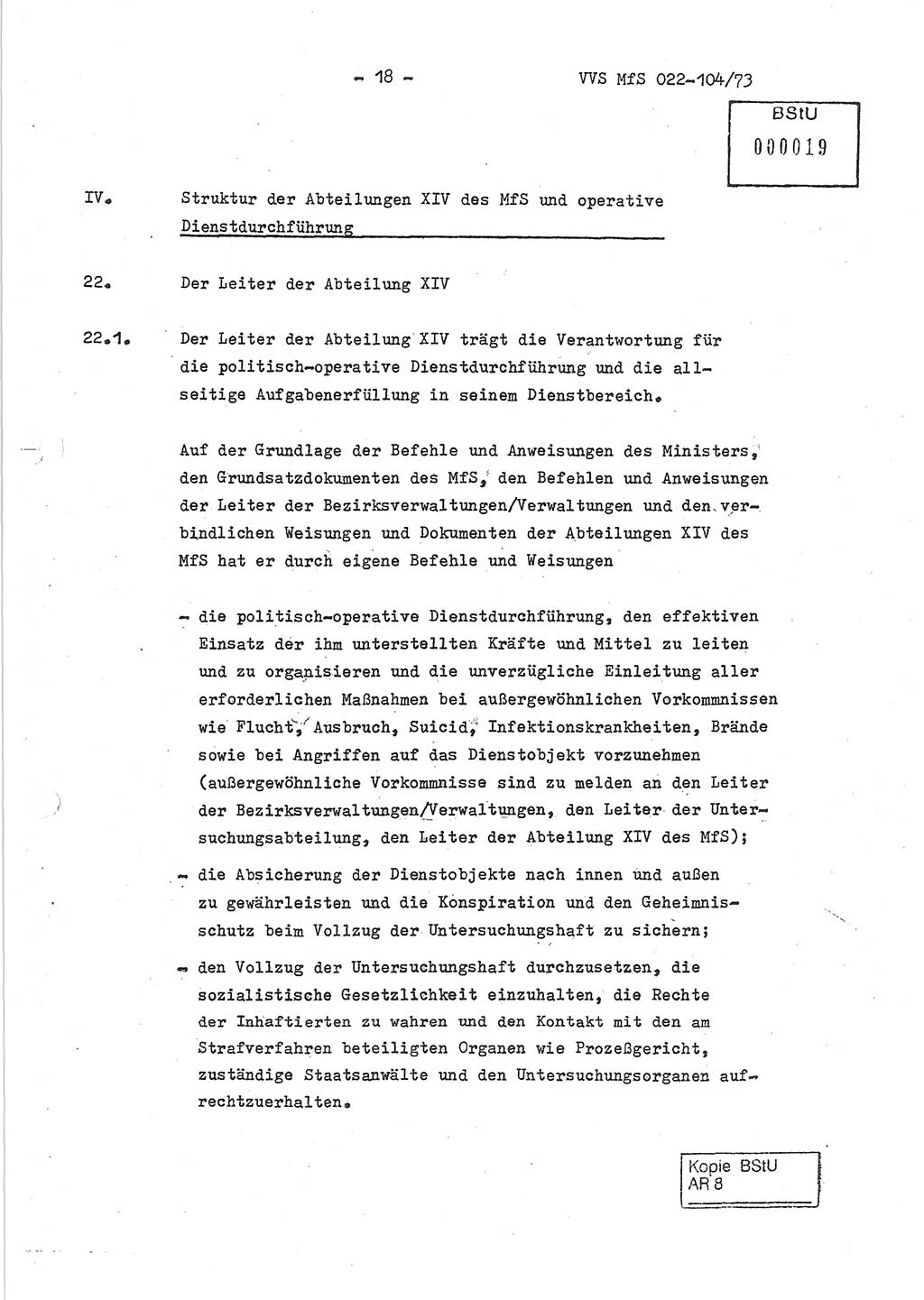 Dienstanweisung zur politisch-operativen Dienstdurchführung der Abteilung XIV des Ministeriums für Staatssicherheit (MfS) [Deutsche Demokratische Republik] und den Abteilungen ⅩⅣ der Bezirksverwaltungen (BV) für Staatssicherheit (BVfS) (DA - politisch-operative Dienstdurchführung der Abteilungen XIV), Ministerrat der Deutschen Demokratischen Republik, Ministerium für Staatssicherheit, Der Minister, Vertrauliche Verschlußsache (VVS) 022-104/73, Berlin, 12.2.1973, Blatt 18 (DA pol.-op. Di.-Durchf. Abt. ⅩⅣ MfS DDR VVS 022-104/73 1973, Bl. 18)