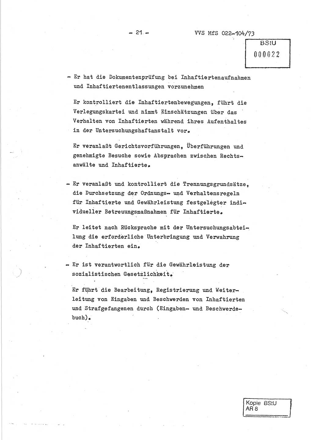 Dienstanweisung zur politisch-operativen Dienstdurchführung der Abteilung XIV des Ministeriums für Staatssicherheit (MfS) [Deutsche Demokratische Republik] und den Abteilungen ⅩⅣ der Bezirksverwaltungen (BV) für Staatssicherheit (BVfS) (DA - politisch-operative Dienstdurchführung der Abteilungen XIV), Ministerrat der Deutschen Demokratischen Republik, Ministerium für Staatssicherheit, Der Minister, Vertrauliche Verschlußsache (VVS) 022-104/73, Berlin, 12.2.1973, Blatt 21 (DA pol.-op. Di.-Durchf. Abt. ⅩⅣ MfS DDR VVS 022-104/73 1973, Bl. 21)