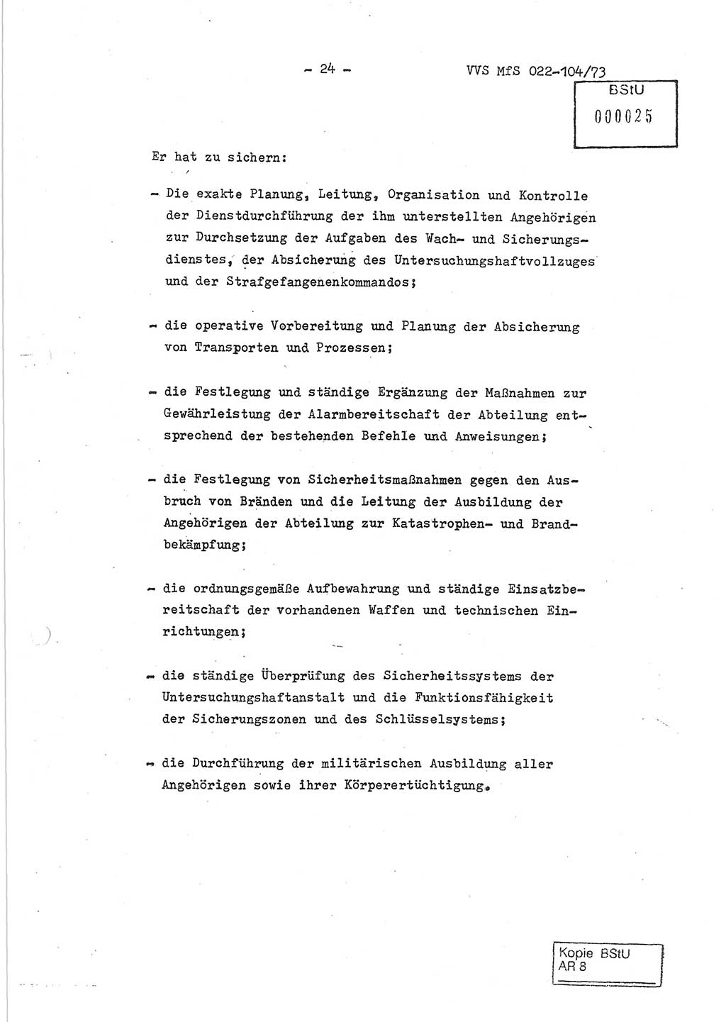 Dienstanweisung zur politisch-operativen Dienstdurchführung der Abteilung XIV des Ministeriums für Staatssicherheit (MfS) [Deutsche Demokratische Republik] und den Abteilungen ⅩⅣ der Bezirksverwaltungen (BV) für Staatssicherheit (BVfS) (DA - politisch-operative Dienstdurchführung der Abteilungen XIV), Ministerrat der Deutschen Demokratischen Republik, Ministerium für Staatssicherheit, Der Minister, Vertrauliche Verschlußsache (VVS) 022-104/73, Berlin, 12.2.1973, Blatt 24 (DA pol.-op. Di.-Durchf. Abt. ⅩⅣ MfS DDR VVS 022-104/73 1973, Bl. 24)