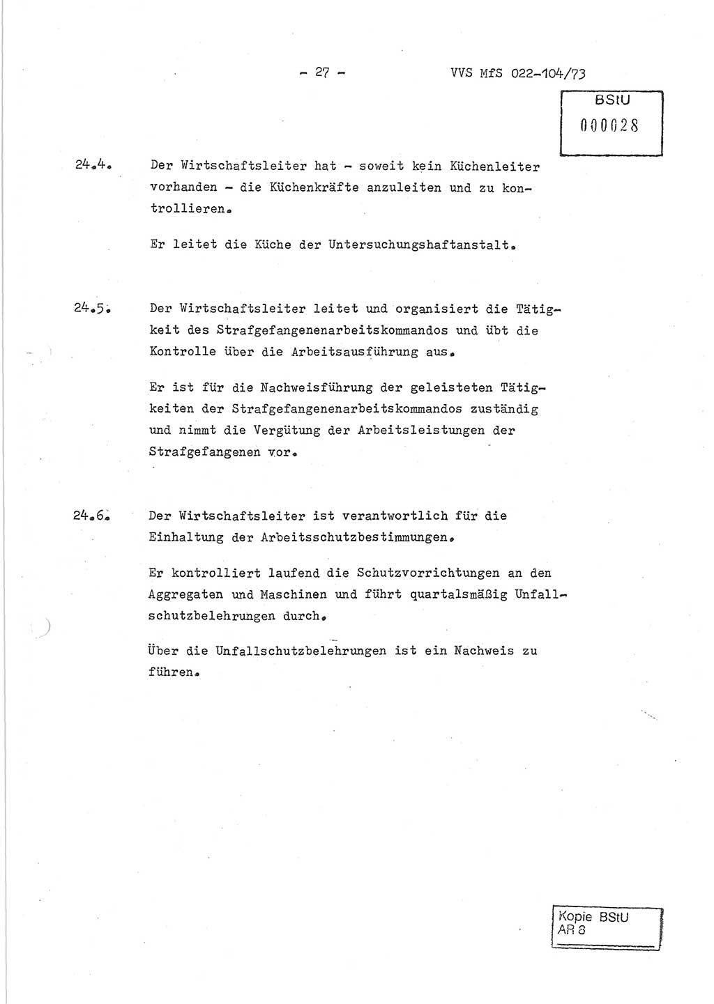 Dienstanweisung zur politisch-operativen Dienstdurchführung der Abteilung XIV des Ministeriums für Staatssicherheit (MfS) [Deutsche Demokratische Republik] und den Abteilungen ⅩⅣ der Bezirksverwaltungen (BV) für Staatssicherheit (BVfS) (DA - politisch-operative Dienstdurchführung der Abteilungen XIV), Ministerrat der Deutschen Demokratischen Republik, Ministerium für Staatssicherheit, Der Minister, Vertrauliche Verschlußsache (VVS) 022-104/73, Berlin, 12.2.1973, Blatt 27 (DA pol.-op. Di.-Durchf. Abt. ⅩⅣ MfS DDR VVS 022-104/73 1973, Bl. 27)