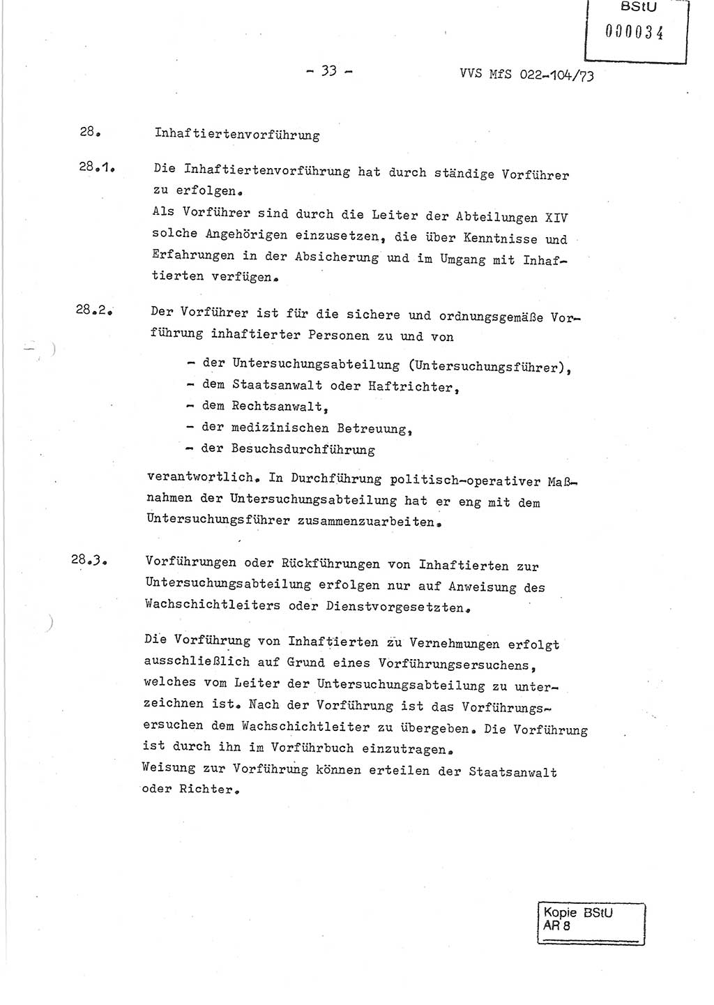 Dienstanweisung zur politisch-operativen Dienstdurchführung der Abteilung XIV des Ministeriums für Staatssicherheit (MfS) [Deutsche Demokratische Republik] und den Abteilungen ⅩⅣ der Bezirksverwaltungen (BV) für Staatssicherheit (BVfS) (DA - politisch-operative Dienstdurchführung der Abteilungen XIV), Ministerrat der Deutschen Demokratischen Republik, Ministerium für Staatssicherheit, Der Minister, Vertrauliche Verschlußsache (VVS) 022-104/73, Berlin, 12.2.1973, Blatt 33 (DA pol.-op. Di.-Durchf. Abt. ⅩⅣ MfS DDR VVS 022-104/73 1973, Bl. 33)