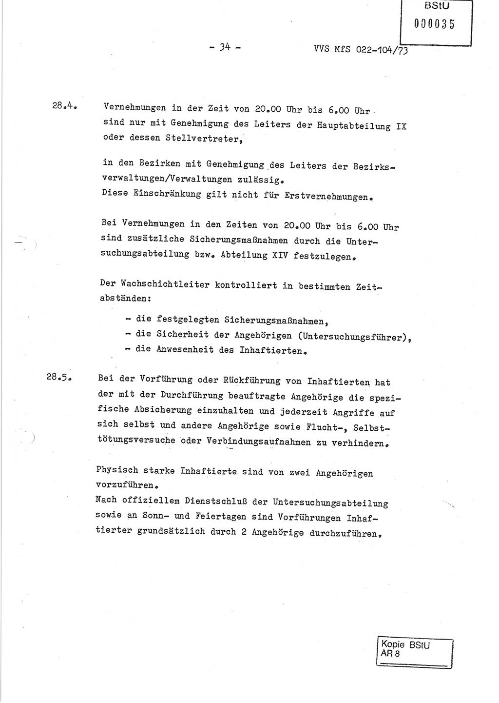 Dienstanweisung zur politisch-operativen Dienstdurchführung der Abteilung XIV des Ministeriums für Staatssicherheit (MfS) [Deutsche Demokratische Republik] und den Abteilungen ⅩⅣ der Bezirksverwaltungen (BV) für Staatssicherheit (BVfS) (DA - politisch-operative Dienstdurchführung der Abteilungen XIV), Ministerrat der Deutschen Demokratischen Republik, Ministerium für Staatssicherheit, Der Minister, Vertrauliche Verschlußsache (VVS) 022-104/73, Berlin, 12.2.1973, Blatt 34 (DA pol.-op. Di.-Durchf. Abt. ⅩⅣ MfS DDR VVS 022-104/73 1973, Bl. 34)