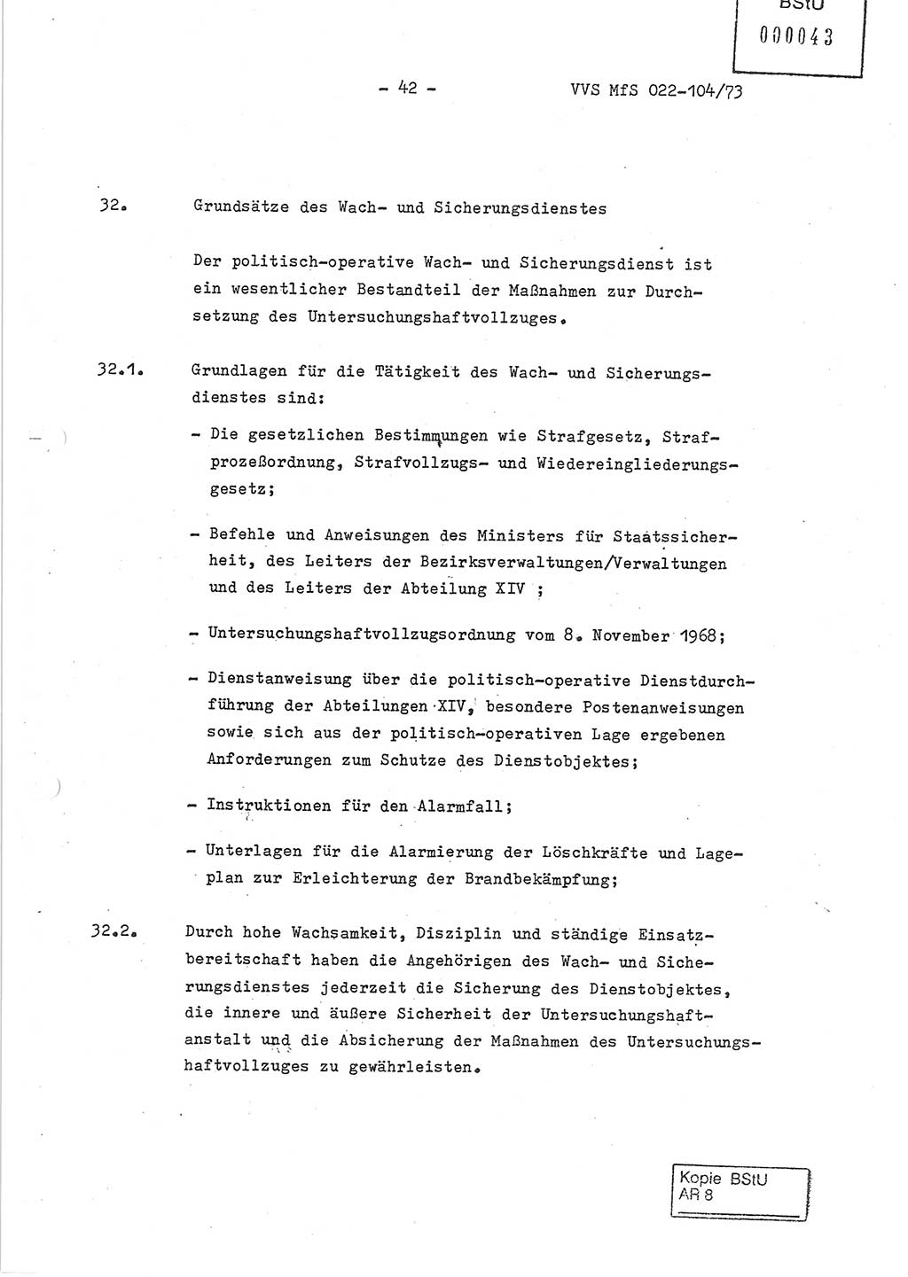 Dienstanweisung zur politisch-operativen Dienstdurchführung der Abteilung XIV des Ministeriums für Staatssicherheit (MfS) [Deutsche Demokratische Republik] und den Abteilungen ⅩⅣ der Bezirksverwaltungen (BV) für Staatssicherheit (BVfS) (DA - politisch-operative Dienstdurchführung der Abteilungen XIV), Ministerrat der Deutschen Demokratischen Republik, Ministerium für Staatssicherheit, Der Minister, Vertrauliche Verschlußsache (VVS) 022-104/73, Berlin, 12.2.1973, Blatt 42 (DA pol.-op. Di.-Durchf. Abt. ⅩⅣ MfS DDR VVS 022-104/73 1973, Bl. 42)