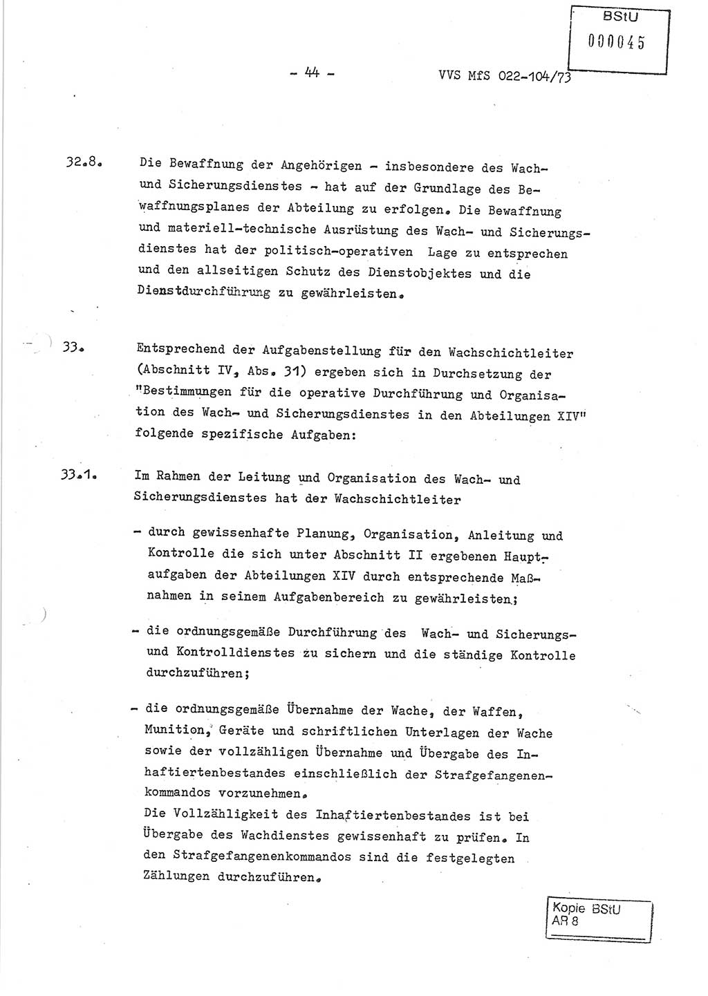 Dienstanweisung zur politisch-operativen Dienstdurchführung der Abteilung XIV des Ministeriums für Staatssicherheit (MfS) [Deutsche Demokratische Republik] und den Abteilungen ⅩⅣ der Bezirksverwaltungen (BV) für Staatssicherheit (BVfS) (DA - politisch-operative Dienstdurchführung der Abteilungen XIV), Ministerrat der Deutschen Demokratischen Republik, Ministerium für Staatssicherheit, Der Minister, Vertrauliche Verschlußsache (VVS) 022-104/73, Berlin, 12.2.1973, Blatt 44 (DA pol.-op. Di.-Durchf. Abt. ⅩⅣ MfS DDR VVS 022-104/73 1973, Bl. 44)