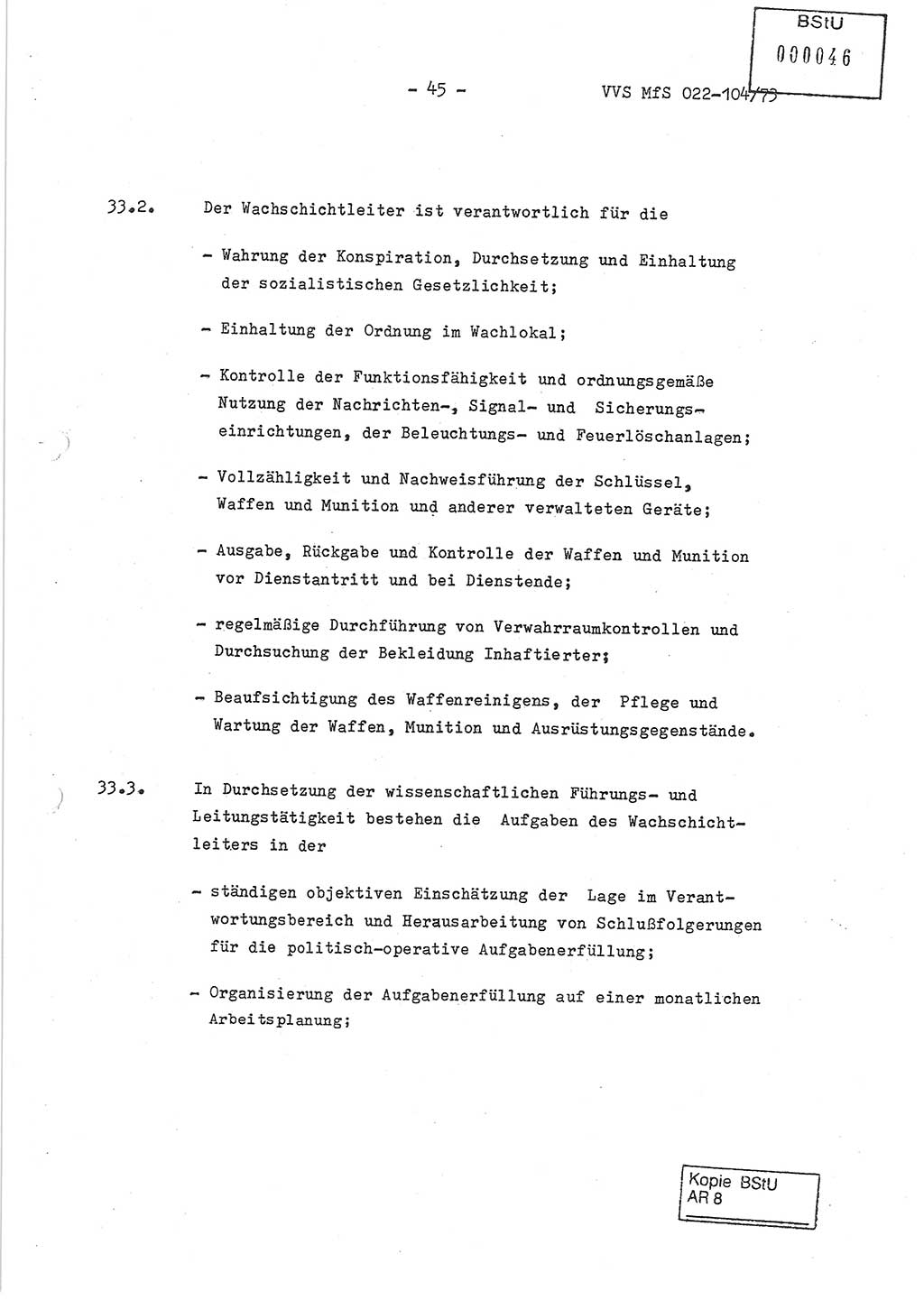 Dienstanweisung zur politisch-operativen Dienstdurchführung der Abteilung XIV des Ministeriums für Staatssicherheit (MfS) [Deutsche Demokratische Republik] und den Abteilungen ⅩⅣ der Bezirksverwaltungen (BV) für Staatssicherheit (BVfS) (DA - politisch-operative Dienstdurchführung der Abteilungen XIV), Ministerrat der Deutschen Demokratischen Republik, Ministerium für Staatssicherheit, Der Minister, Vertrauliche Verschlußsache (VVS) 022-104/73, Berlin, 12.2.1973, Blatt 45 (DA pol.-op. Di.-Durchf. Abt. ⅩⅣ MfS DDR VVS 022-104/73 1973, Bl. 45)