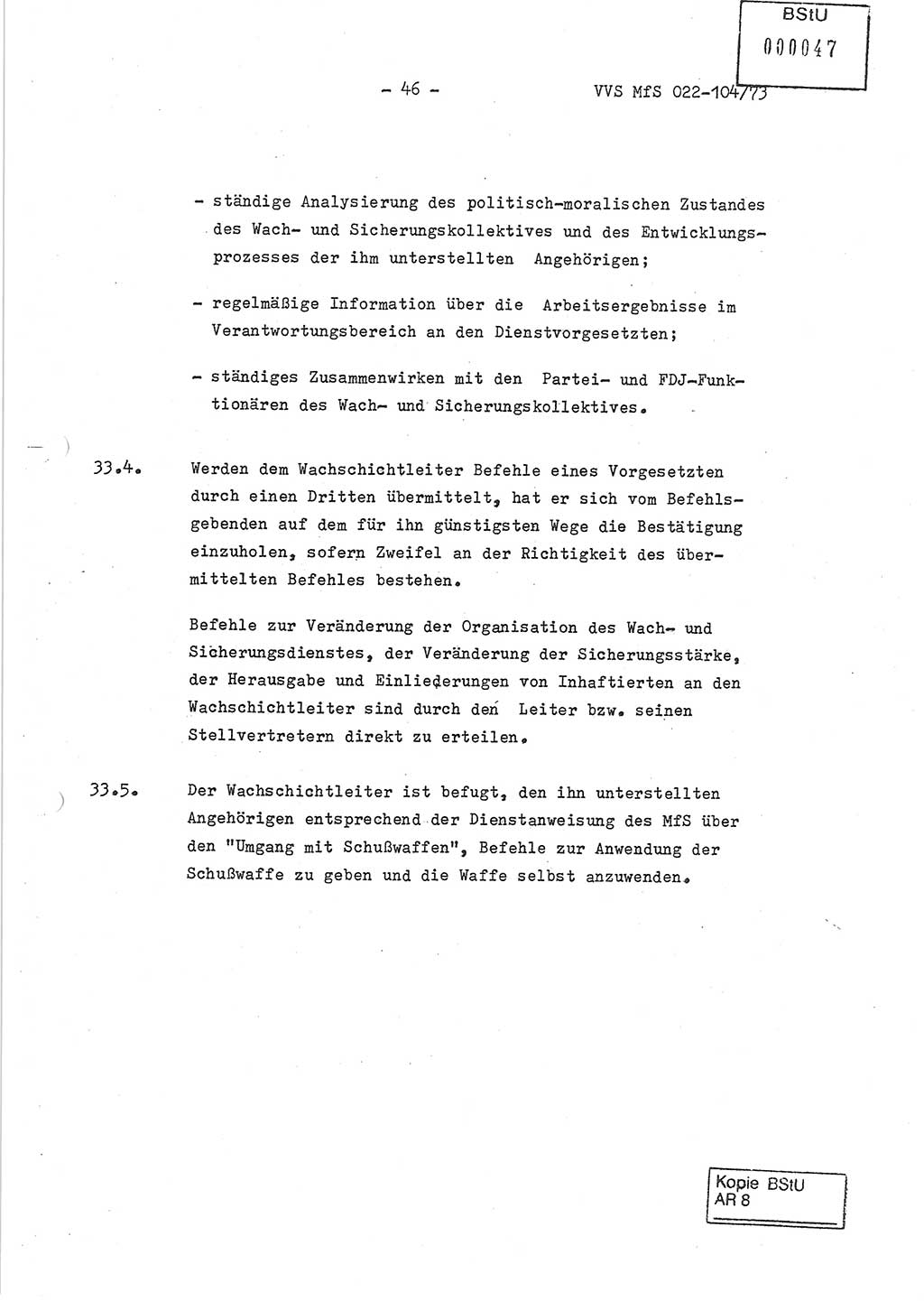 Dienstanweisung zur politisch-operativen Dienstdurchführung der Abteilung XIV des Ministeriums für Staatssicherheit (MfS) [Deutsche Demokratische Republik] und den Abteilungen ⅩⅣ der Bezirksverwaltungen (BV) für Staatssicherheit (BVfS) (DA - politisch-operative Dienstdurchführung der Abteilungen XIV), Ministerrat der Deutschen Demokratischen Republik, Ministerium für Staatssicherheit, Der Minister, Vertrauliche Verschlußsache (VVS) 022-104/73, Berlin, 12.2.1973, Blatt 46 (DA pol.-op. Di.-Durchf. Abt. ⅩⅣ MfS DDR VVS 022-104/73 1973, Bl. 46)