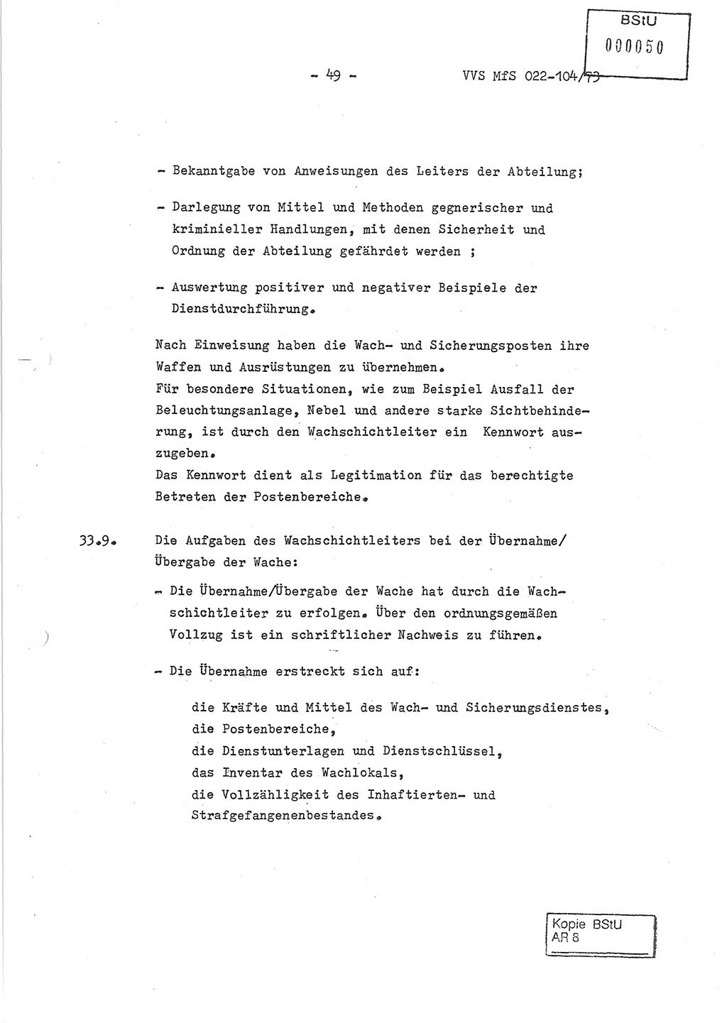 Dienstanweisung zur politisch-operativen Dienstdurchführung der Abteilung XIV des Ministeriums für Staatssicherheit (MfS) [Deutsche Demokratische Republik] und den Abteilungen ⅩⅣ der Bezirksverwaltungen (BV) für Staatssicherheit (BVfS) (DA - politisch-operative Dienstdurchführung der Abteilungen XIV), Ministerrat der Deutschen Demokratischen Republik, Ministerium für Staatssicherheit, Der Minister, Vertrauliche Verschlußsache (VVS) 022-104/73, Berlin, 12.2.1973, Blatt 49 (DA pol.-op. Di.-Durchf. Abt. ⅩⅣ MfS DDR VVS 022-104/73 1973, Bl. 49)