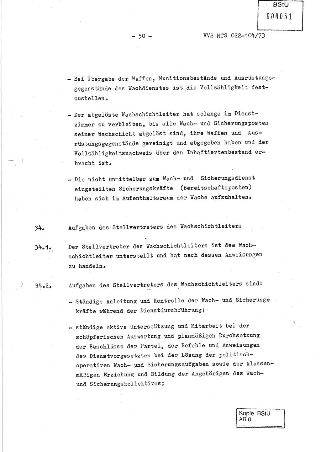 Dienstanweisung zur politisch-operativen Dienstdurchführung der Abteilung XIV des Ministeriums für Staatssicherheit (MfS) [Deutsche Demokratische Republik] und den Abteilungen ⅩⅣ der Bezirksverwaltungen (BV) für Staatssicherheit (BVfS) (DA - politisch-operative Dienstdurchführung der Abteilungen XIV), Ministerrat der Deutschen Demokratischen Republik, Ministerium für Staatssicherheit, Der Minister, Vertrauliche Verschlußsache (VVS) 022-104/73, Berlin, 12.2.1973, Blatt 50 (DA pol.-op. Di.-Durchf. Abt. ⅩⅣ MfS DDR VVS 022-104/73 1973, Bl. 50)