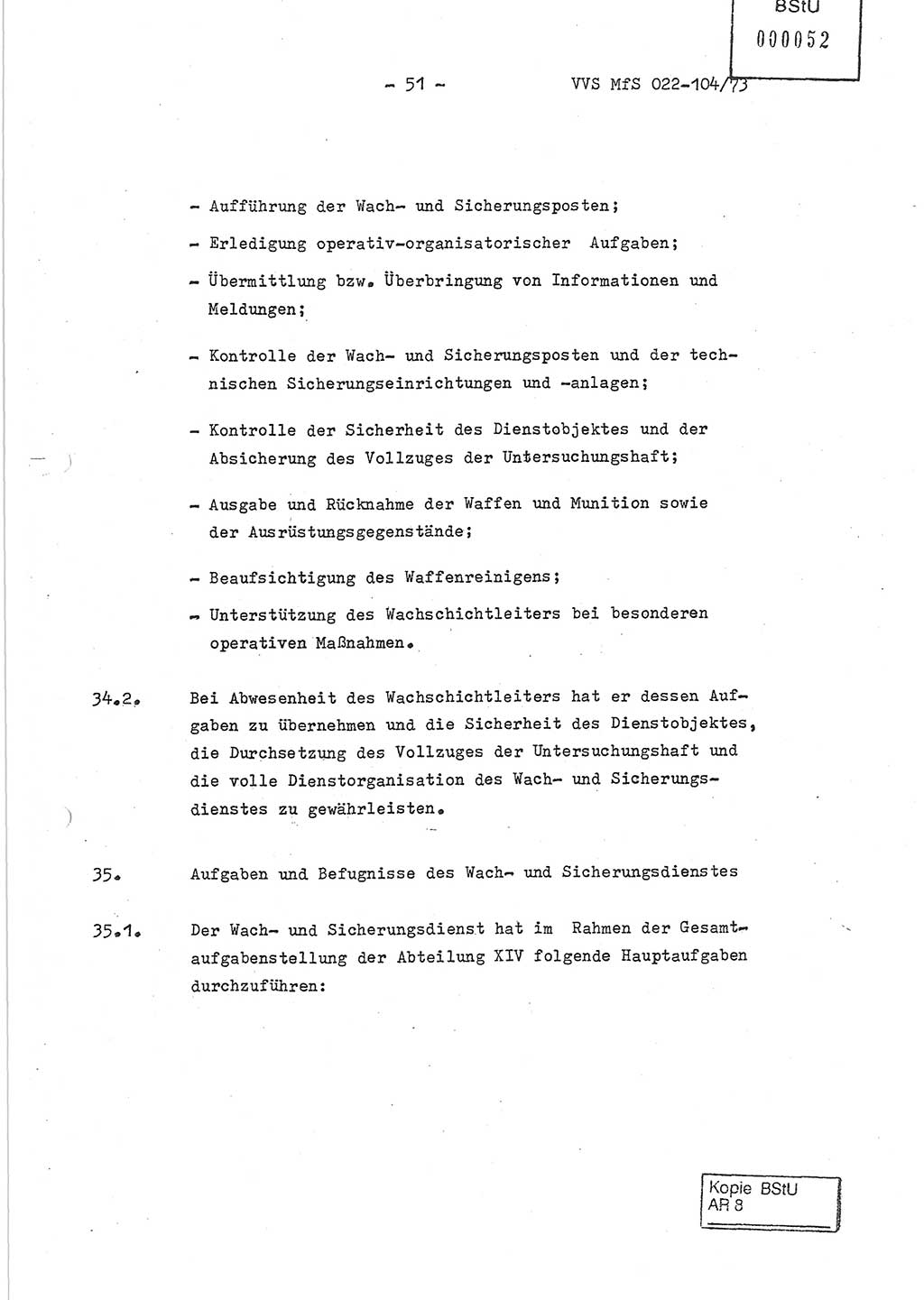 Dienstanweisung zur politisch-operativen Dienstdurchführung der Abteilung XIV des Ministeriums für Staatssicherheit (MfS) [Deutsche Demokratische Republik] und den Abteilungen ⅩⅣ der Bezirksverwaltungen (BV) für Staatssicherheit (BVfS) (DA - politisch-operative Dienstdurchführung der Abteilungen XIV), Ministerrat der Deutschen Demokratischen Republik, Ministerium für Staatssicherheit, Der Minister, Vertrauliche Verschlußsache (VVS) 022-104/73, Berlin, 12.2.1973, Blatt 51 (DA pol.-op. Di.-Durchf. Abt. ⅩⅣ MfS DDR VVS 022-104/73 1973, Bl. 51)