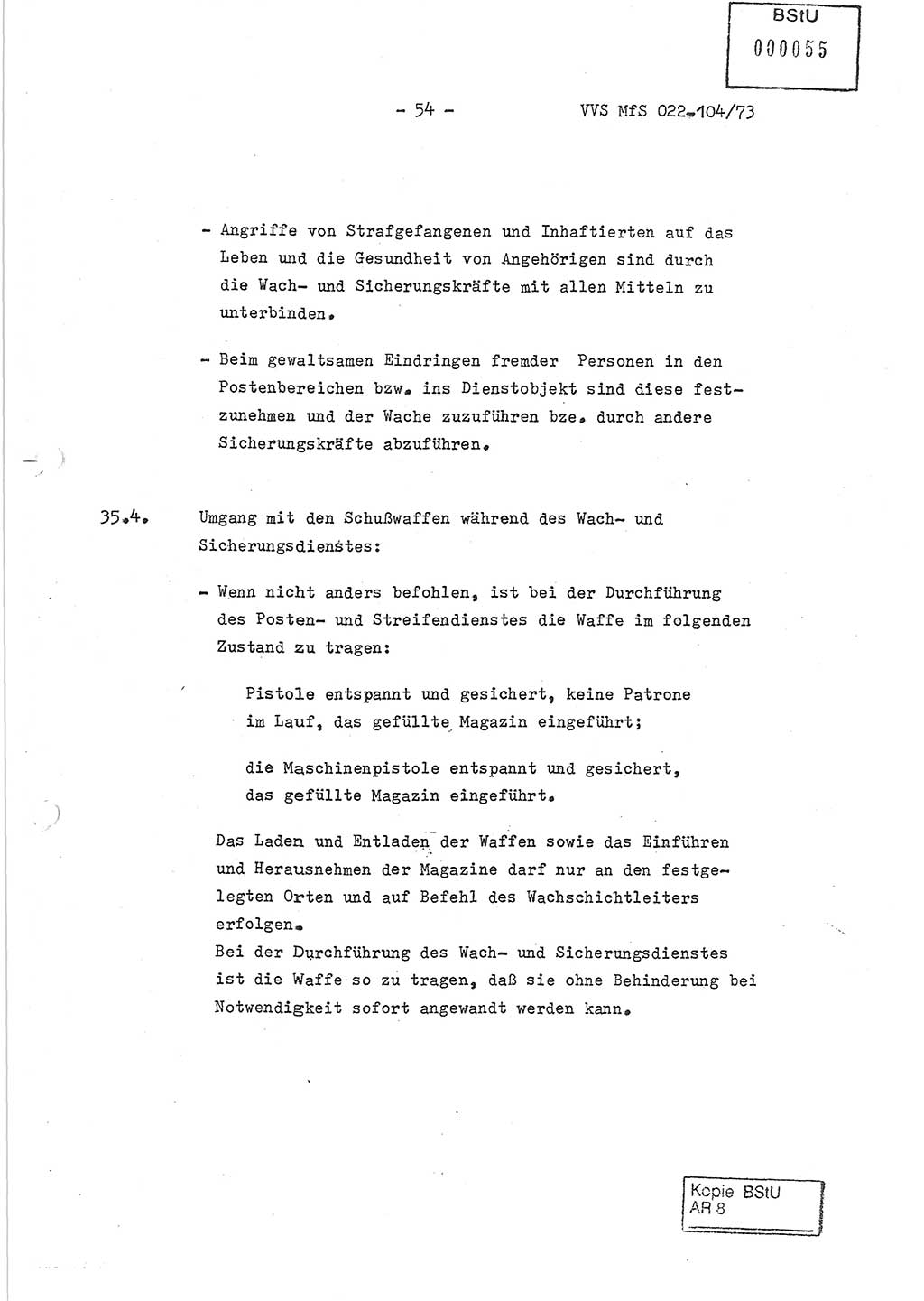 Dienstanweisung zur politisch-operativen Dienstdurchführung der Abteilung XIV des Ministeriums für Staatssicherheit (MfS) [Deutsche Demokratische Republik] und den Abteilungen ⅩⅣ der Bezirksverwaltungen (BV) für Staatssicherheit (BVfS) (DA - politisch-operative Dienstdurchführung der Abteilungen XIV), Ministerrat der Deutschen Demokratischen Republik, Ministerium für Staatssicherheit, Der Minister, Vertrauliche Verschlußsache (VVS) 022-104/73, Berlin, 12.2.1973, Blatt 54 (DA pol.-op. Di.-Durchf. Abt. ⅩⅣ MfS DDR VVS 022-104/73 1973, Bl. 54)