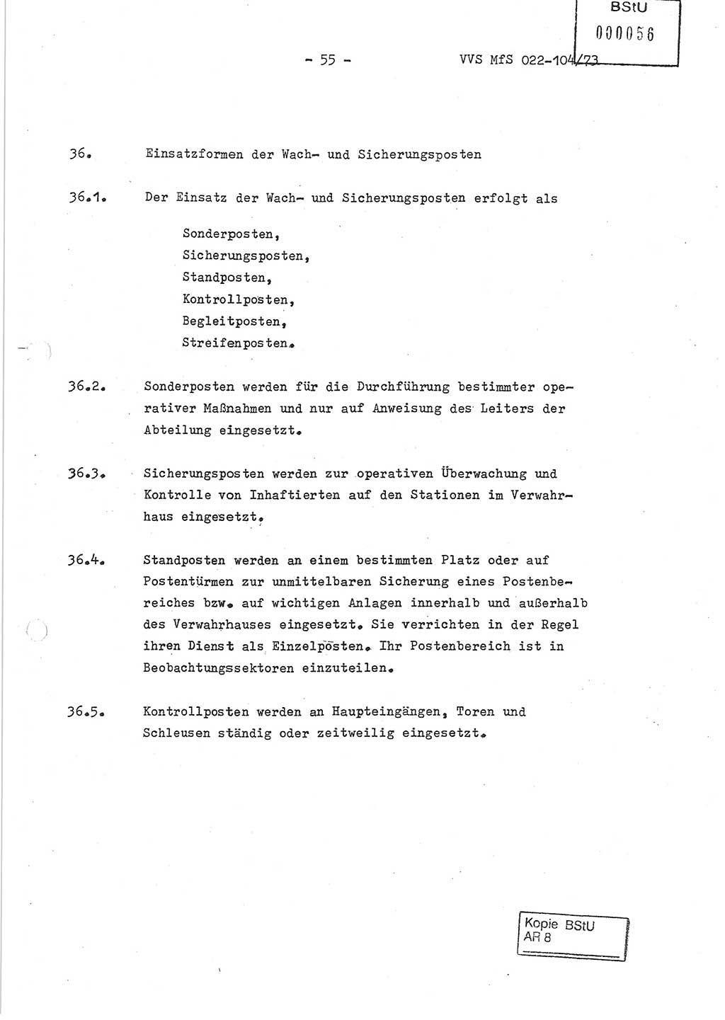 Dienstanweisung zur politisch-operativen Dienstdurchführung der Abteilung XIV des Ministeriums für Staatssicherheit (MfS) [Deutsche Demokratische Republik] und den Abteilungen ⅩⅣ der Bezirksverwaltungen (BV) für Staatssicherheit (BVfS) (DA - politisch-operative Dienstdurchführung der Abteilungen XIV), Ministerrat der Deutschen Demokratischen Republik, Ministerium für Staatssicherheit, Der Minister, Vertrauliche Verschlußsache (VVS) 022-104/73, Berlin, 12.2.1973, Blatt 55 (DA pol.-op. Di.-Durchf. Abt. ⅩⅣ MfS DDR VVS 022-104/73 1973, Bl. 55)