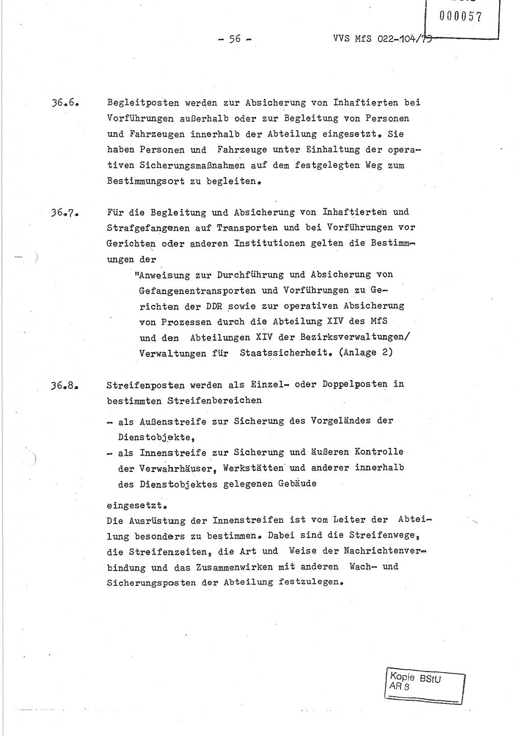 Dienstanweisung zur politisch-operativen Dienstdurchführung der Abteilung XIV des Ministeriums für Staatssicherheit (MfS) [Deutsche Demokratische Republik] und den Abteilungen ⅩⅣ der Bezirksverwaltungen (BV) für Staatssicherheit (BVfS) (DA - politisch-operative Dienstdurchführung der Abteilungen XIV), Ministerrat der Deutschen Demokratischen Republik, Ministerium für Staatssicherheit, Der Minister, Vertrauliche Verschlußsache (VVS) 022-104/73, Berlin, 12.2.1973, Blatt 56 (DA pol.-op. Di.-Durchf. Abt. ⅩⅣ MfS DDR VVS 022-104/73 1973, Bl. 56)